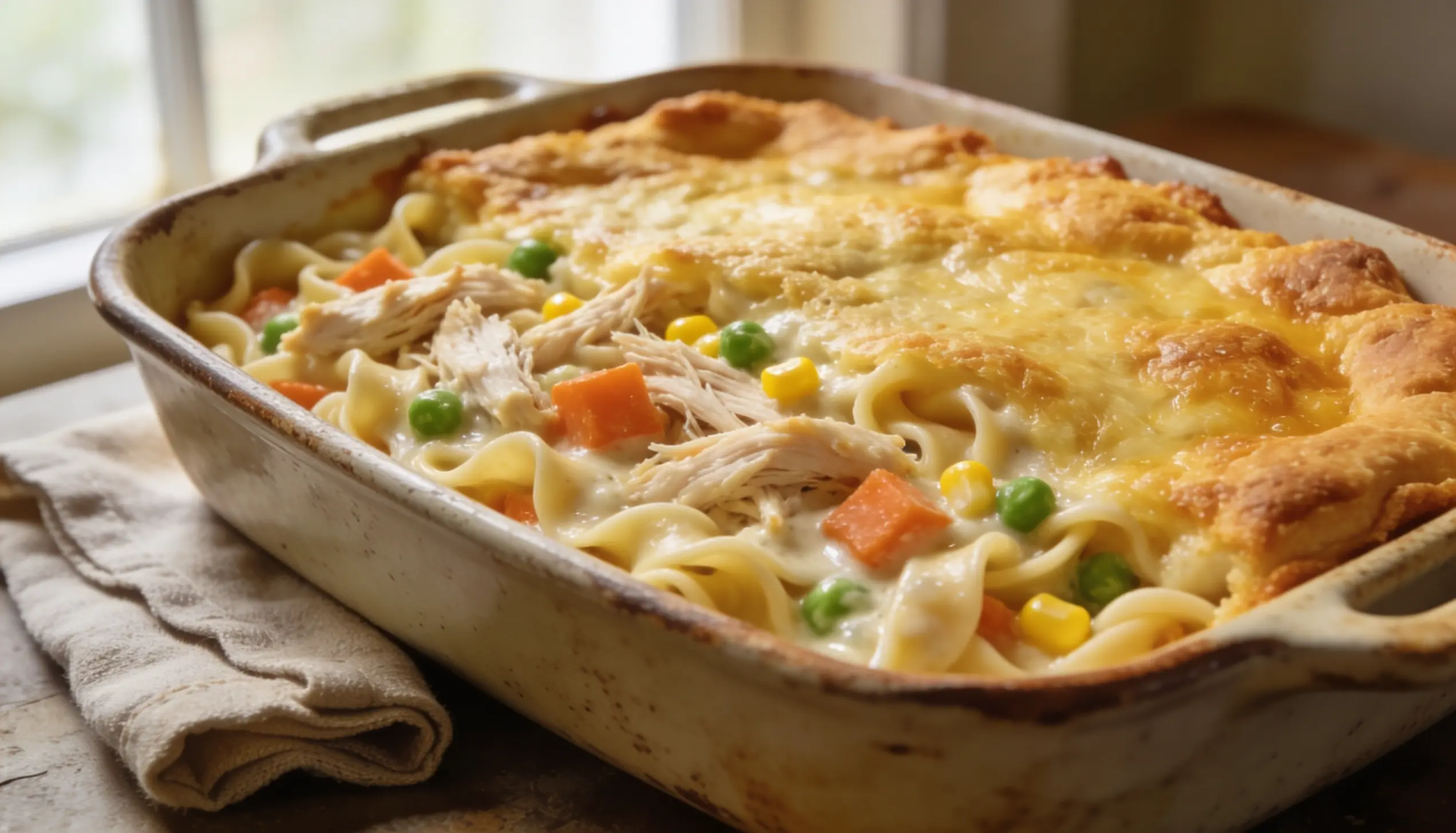 A close-up of a golden-brown chicken pot pie with noodles, carrots, peas, and corn in a baking dish.
