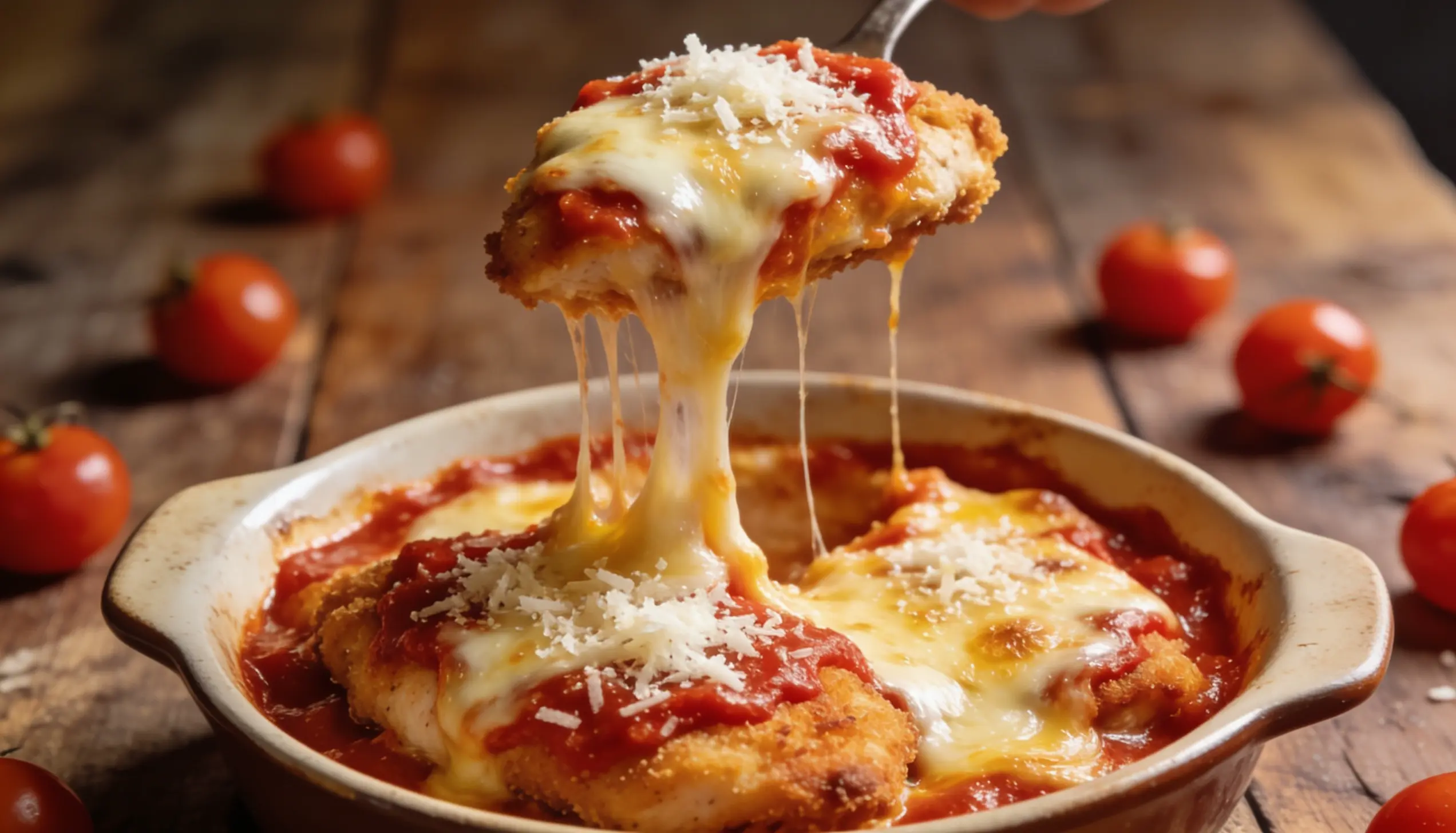 Chicken parmesan casserole topped with melted cheese and fresh tomatoes, served in a baking dish.