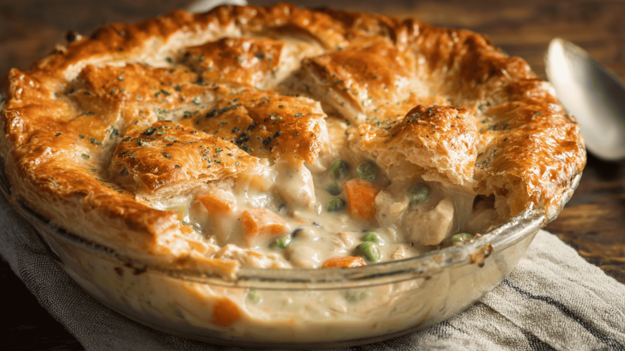 A comforting chicken pot pie with a flaky, golden crust and steaming filling.