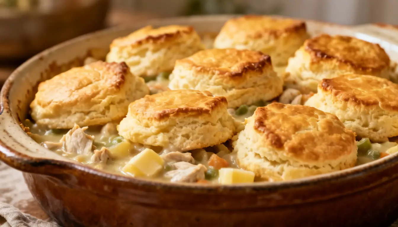 Chicken pot pie with golden biscuits served in a rustic baking dish.