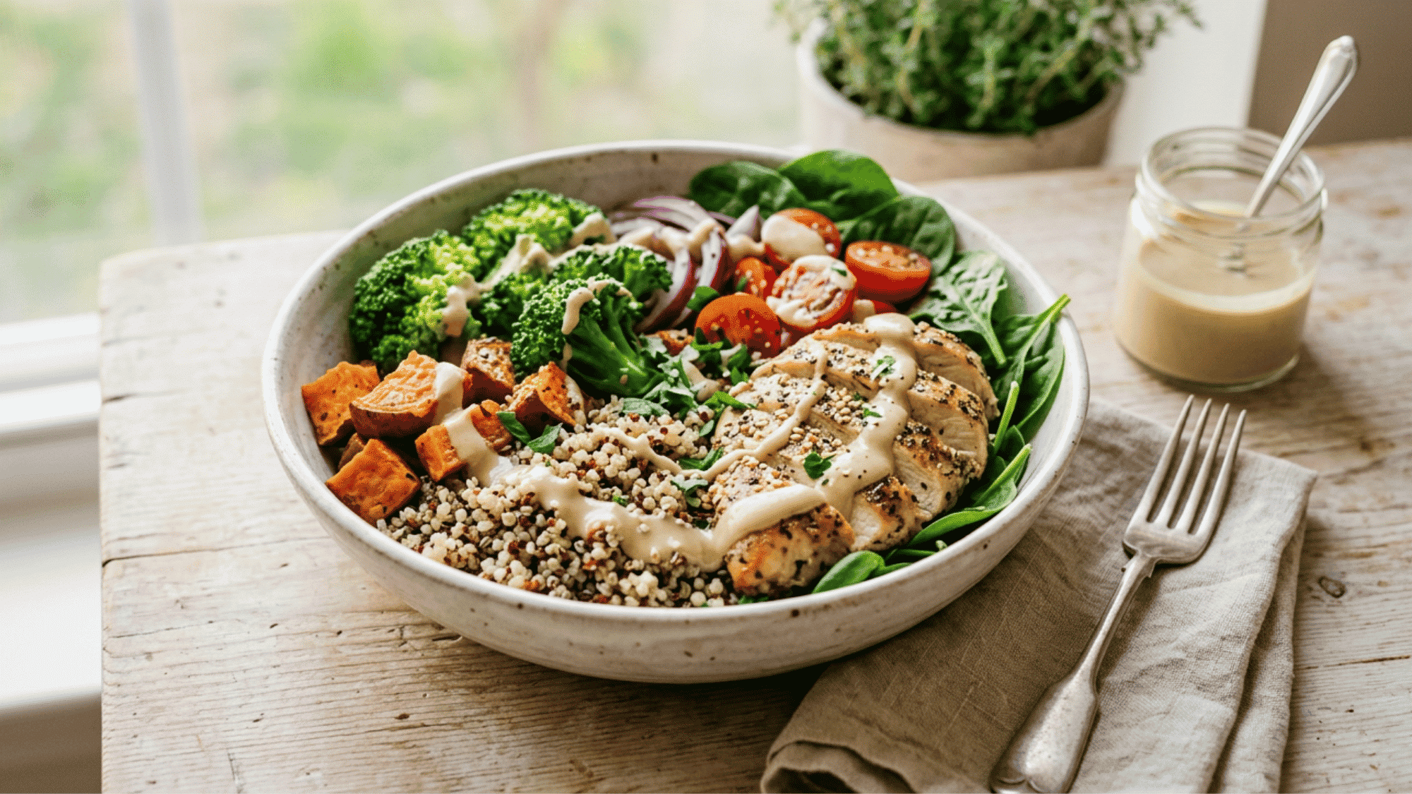 A vibrant meal prep container filled with a healthy chicken and quinoa power bowl, featuring shredded rotisserie chicken, fluffy quinoa, roasted sweet potatoes, and steamed broccoli florets.