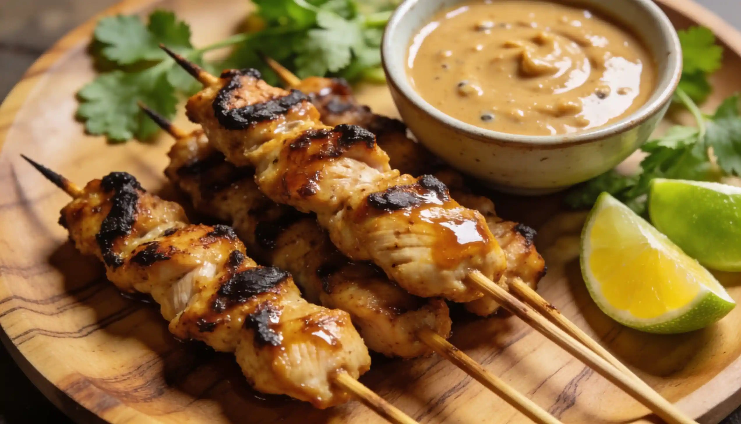 Grilled chicken satay skewers with peanut sauce, lime wedges, and cilantro on a wooden plate.