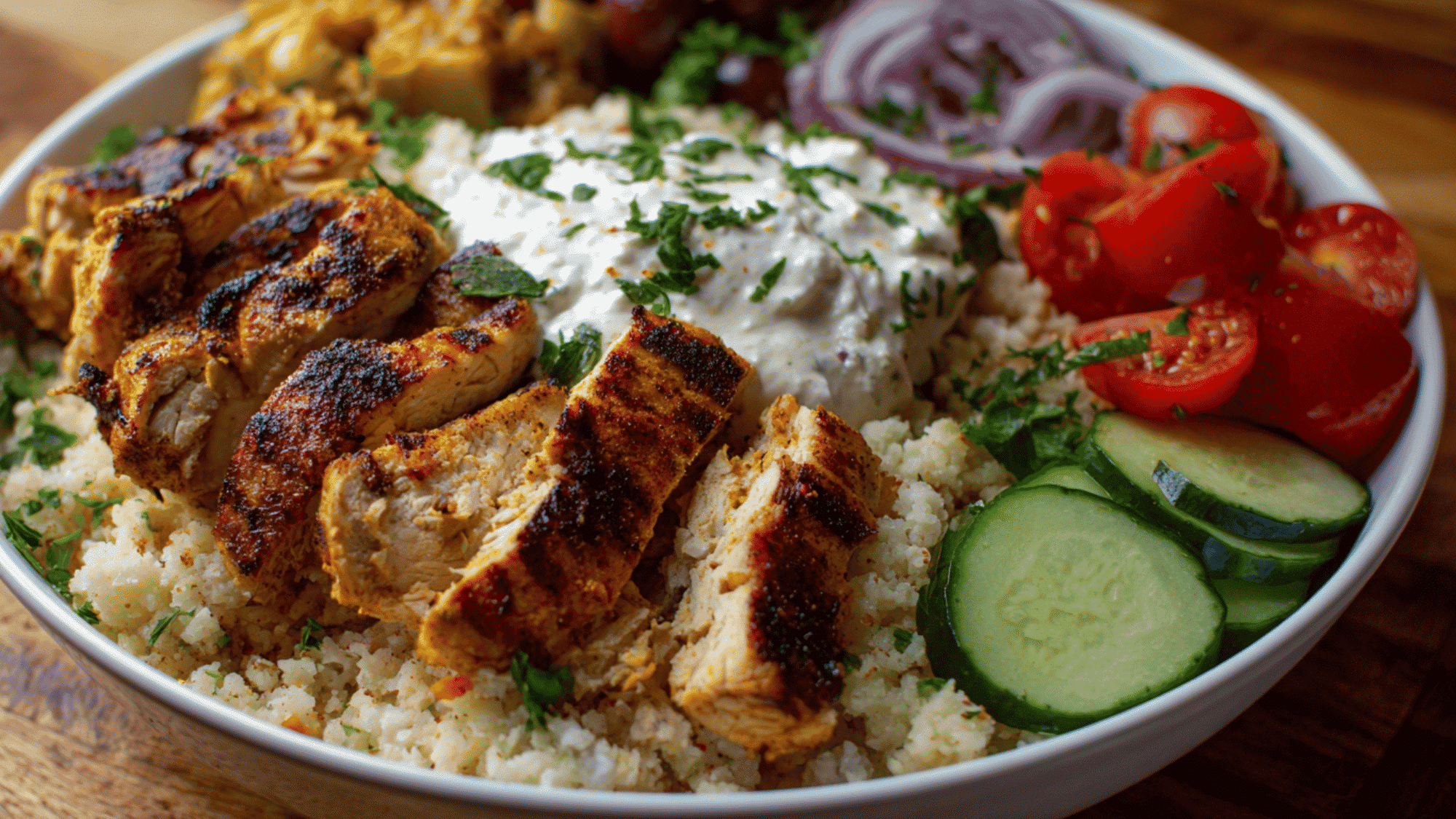 Chicken shawarma bowl with rice, fresh vegetables, pickled onions, and garlic sauce.