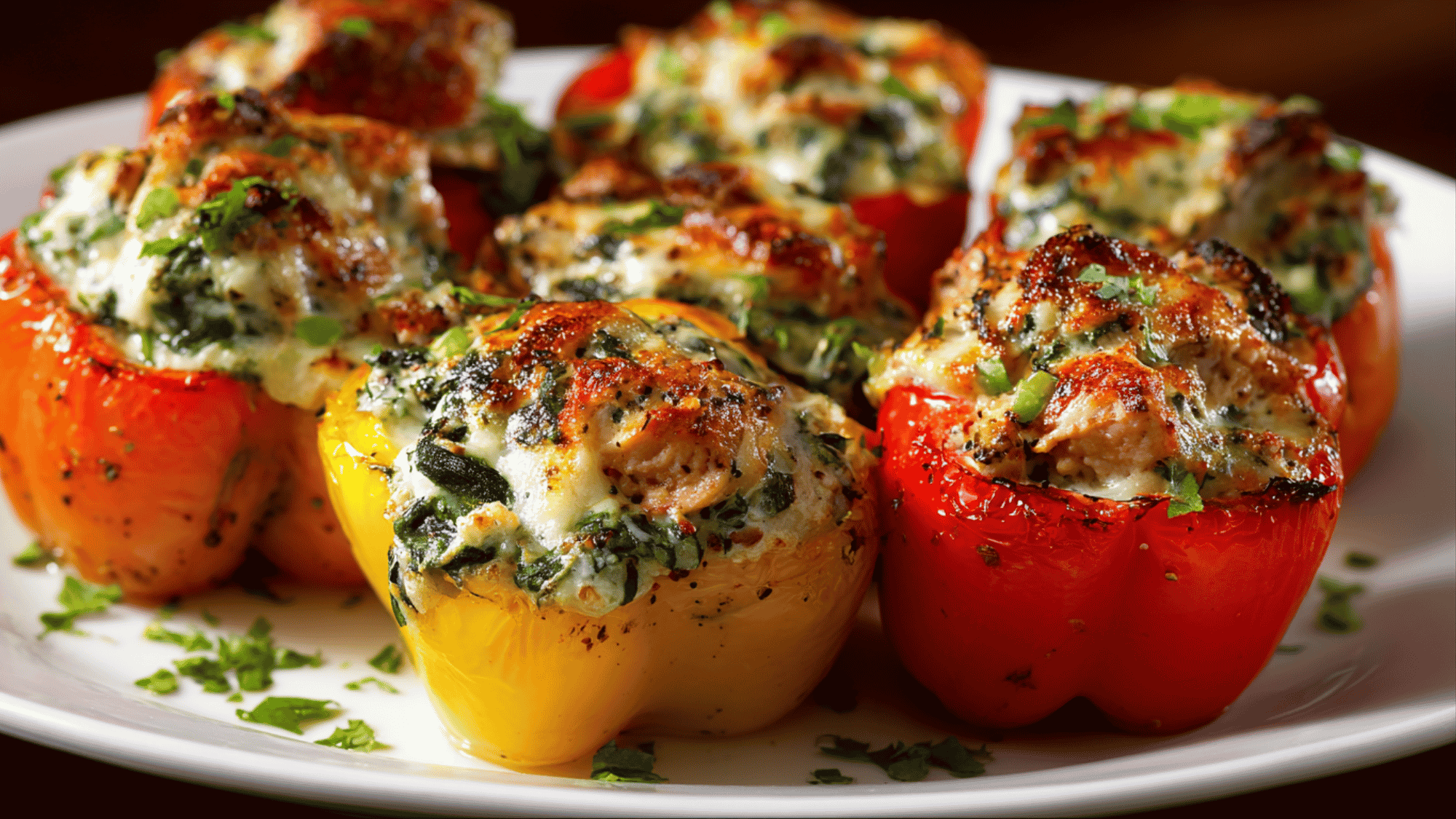 A close-up shot of large bell peppers sliced open and tightly packed with a wholesome filling of shredded chicken, chopped green spinach, and brown rice, topped with a layer of melted mozzarella cheese.