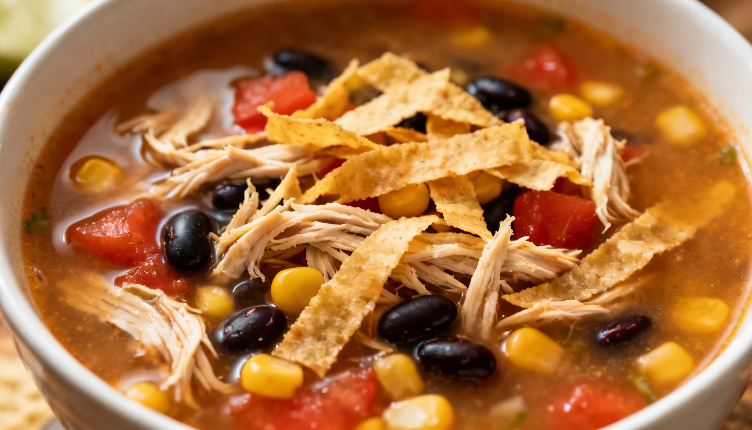 Hearty slow cooker chicken tortilla soup served in a bowl, featuring chicken, beans, corn, and crispy tortilla strips.