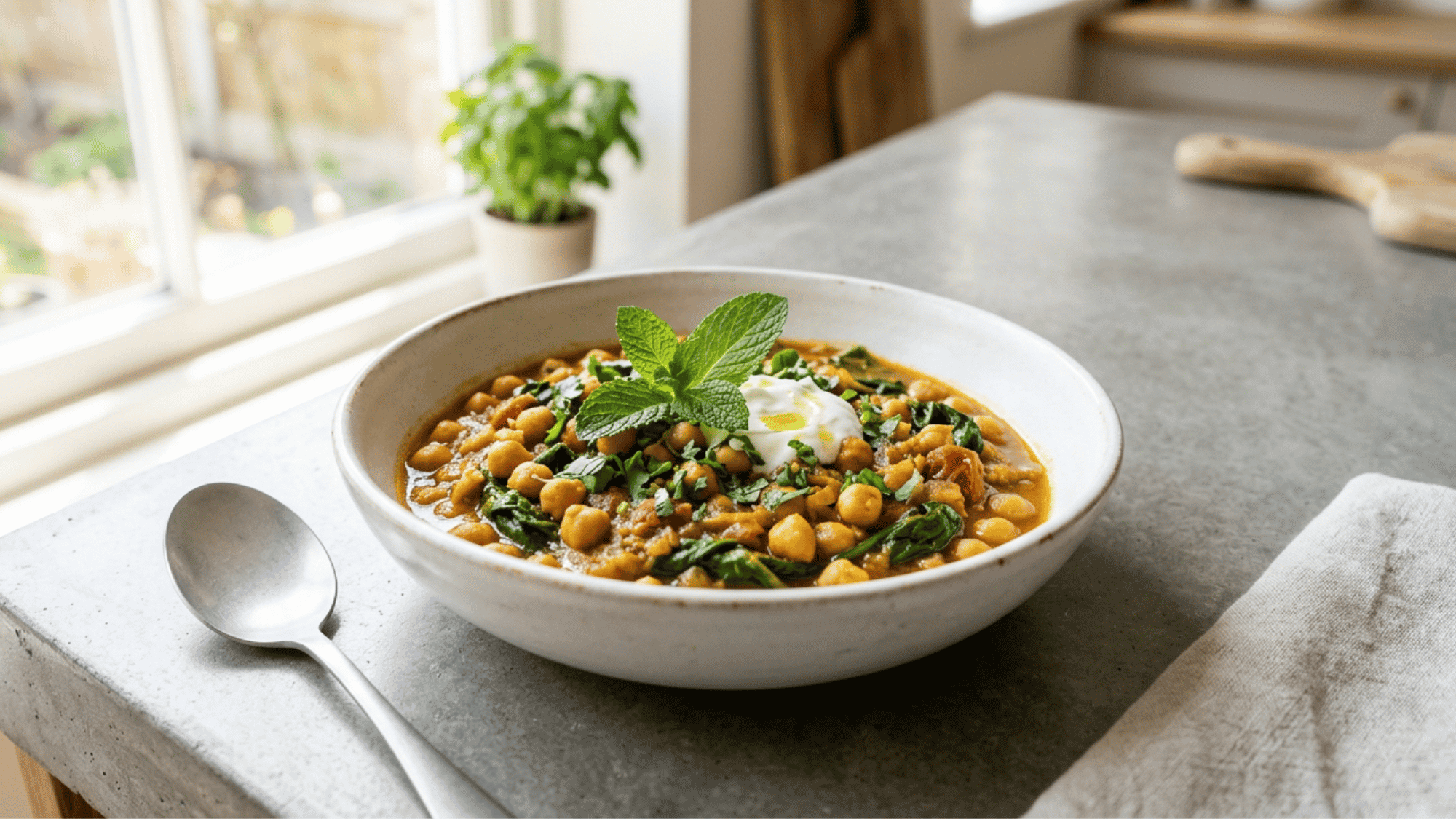 A comforting bowl of hearty chickpea and spinach curry simmered in a warm, spiced tomato sauce and garnished with fresh cilantro leaves.