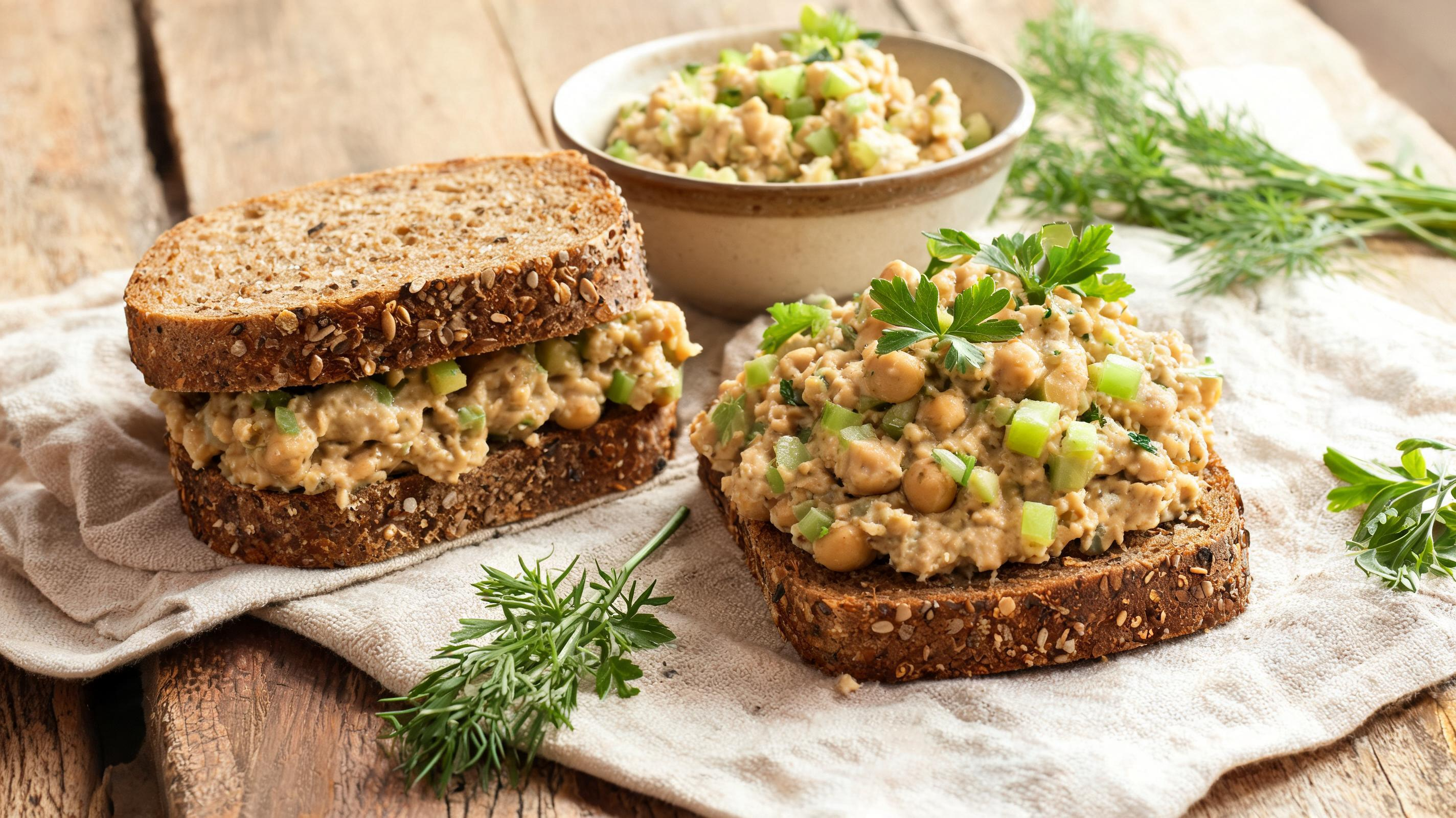 A hearty vegan chickpea salad sandwich with crisp lettuce on sliced bread.