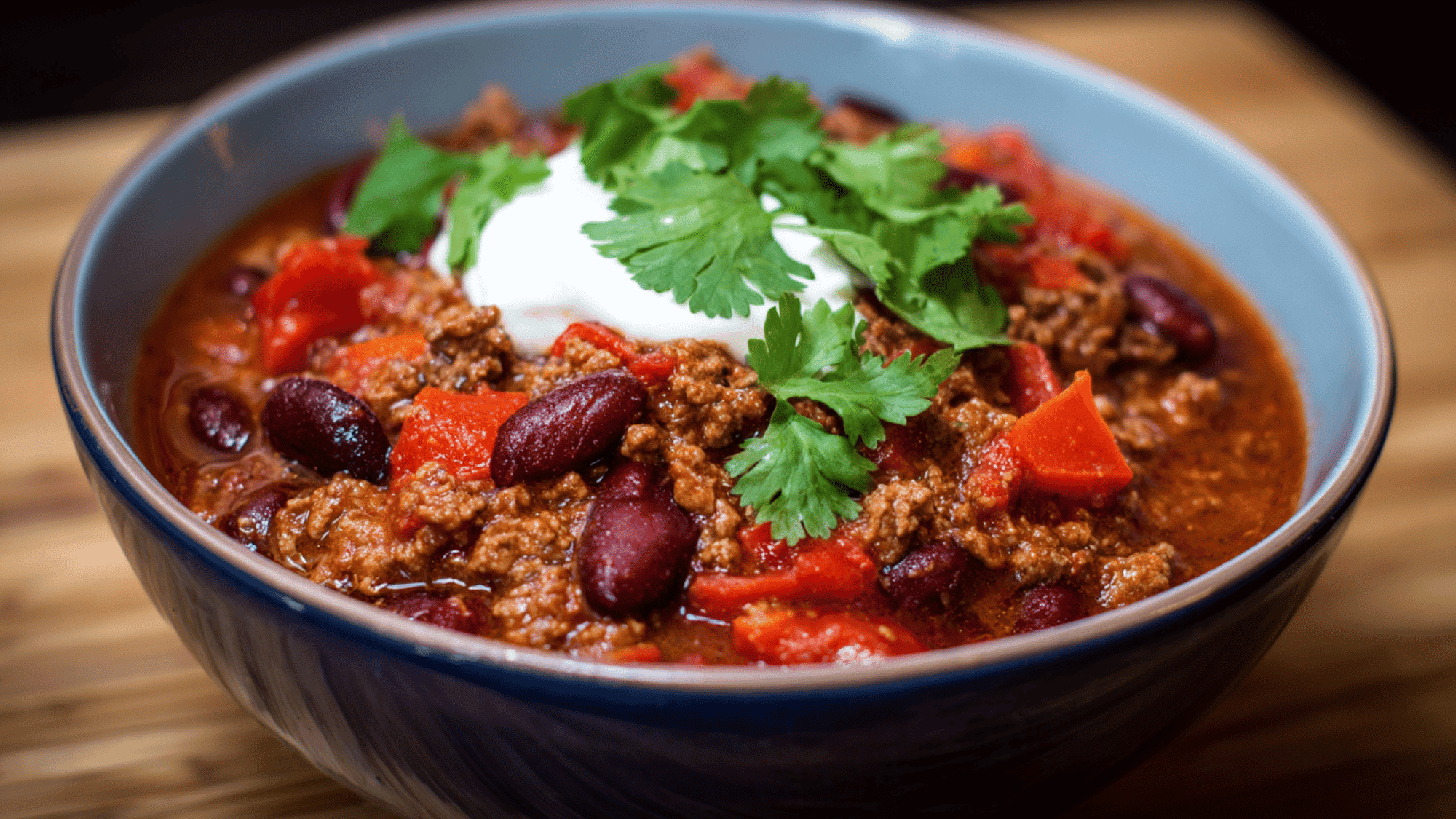 Thick and savory ground beef chili simmering in a slow cooker with red kidney beans, diced tomatoes, and chopped onions.