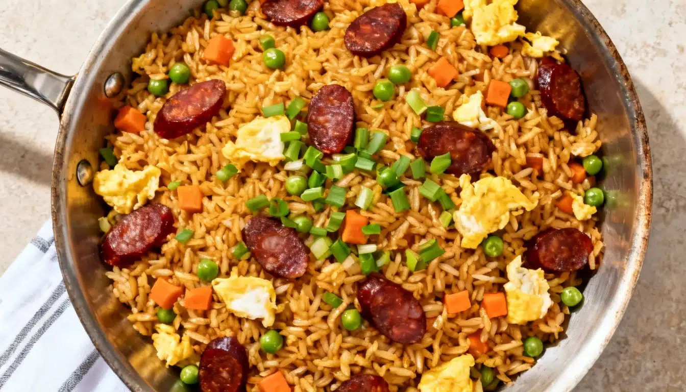 A pan filled with cooked rice and sliced sausage, garnished with herbs for added flavor.