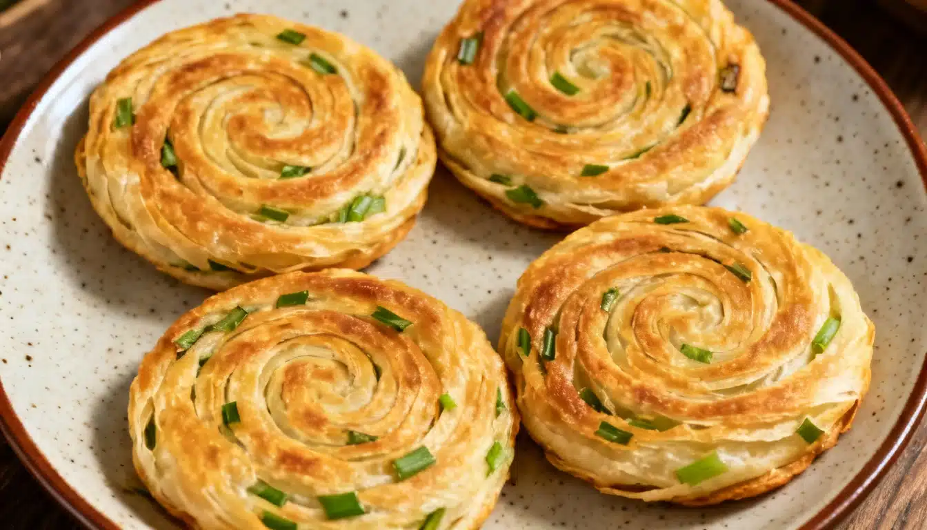 A plate featuring four small chinese scallion pancakes, complemented by chopped green onions.
