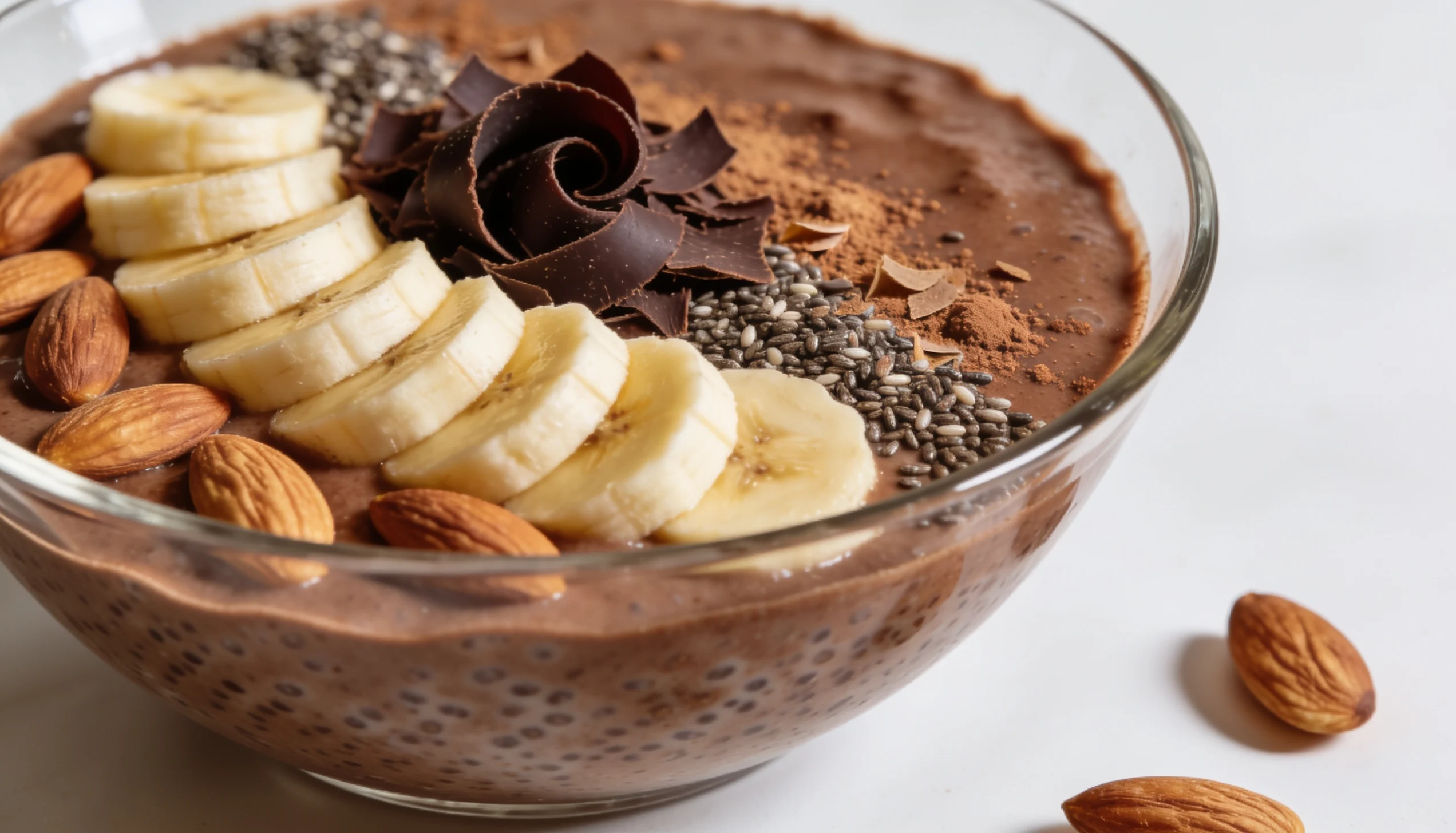 Chocolate chia pudding bowl topped with sliced bananas, almonds, chocolate shavings, cocoa powder, and chia seeds.