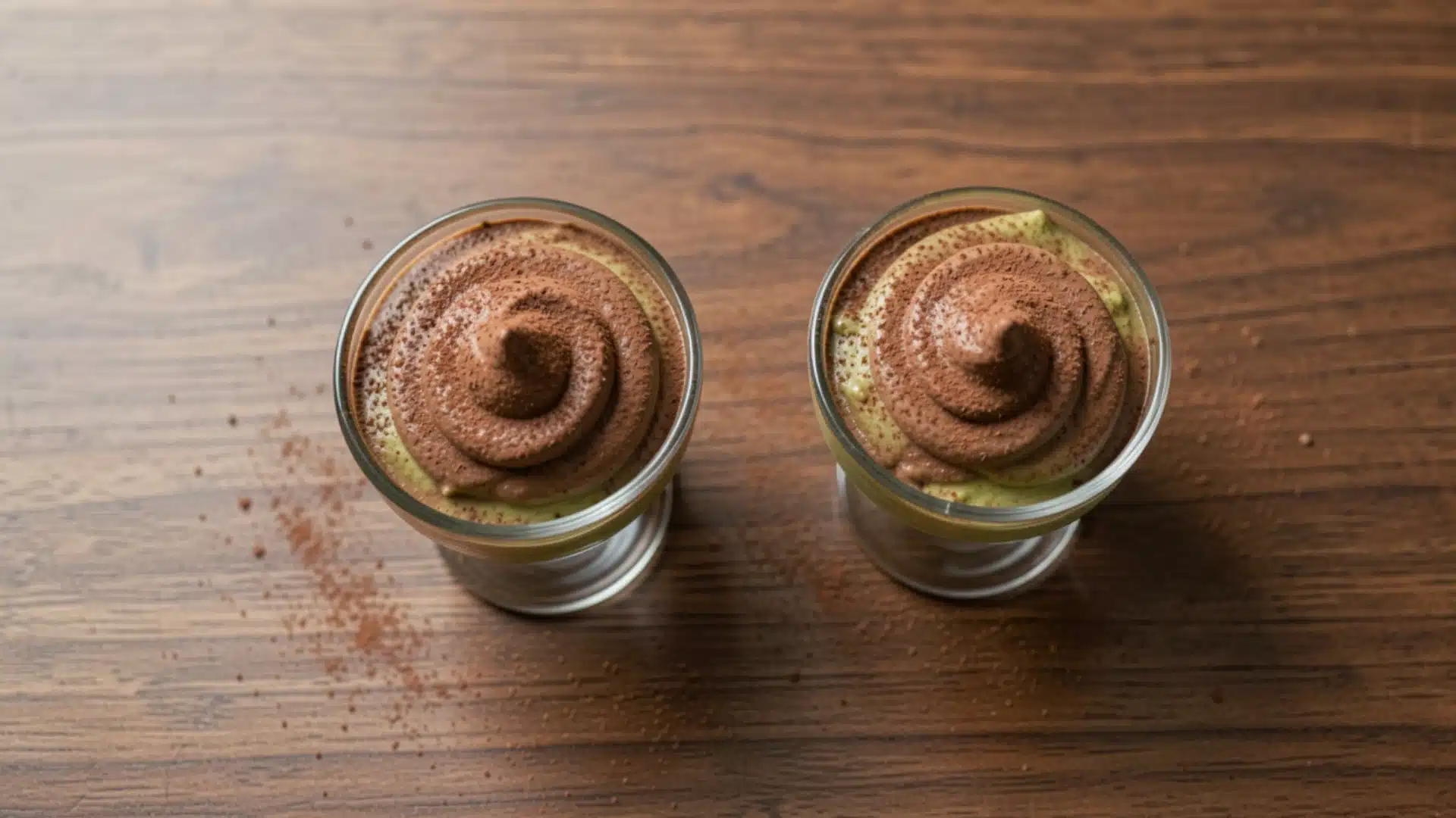 Two dessert glasses filled with layered chocolate and green matcha mousse, topped with cocoa powder