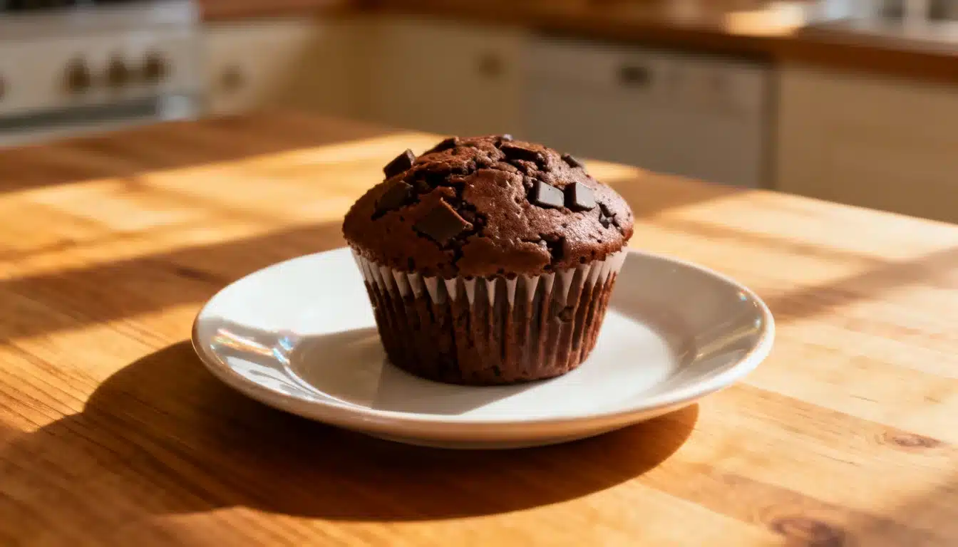 A chocolate muffin sits on a white plate, showcasing its rich color and texture against the clean background.
