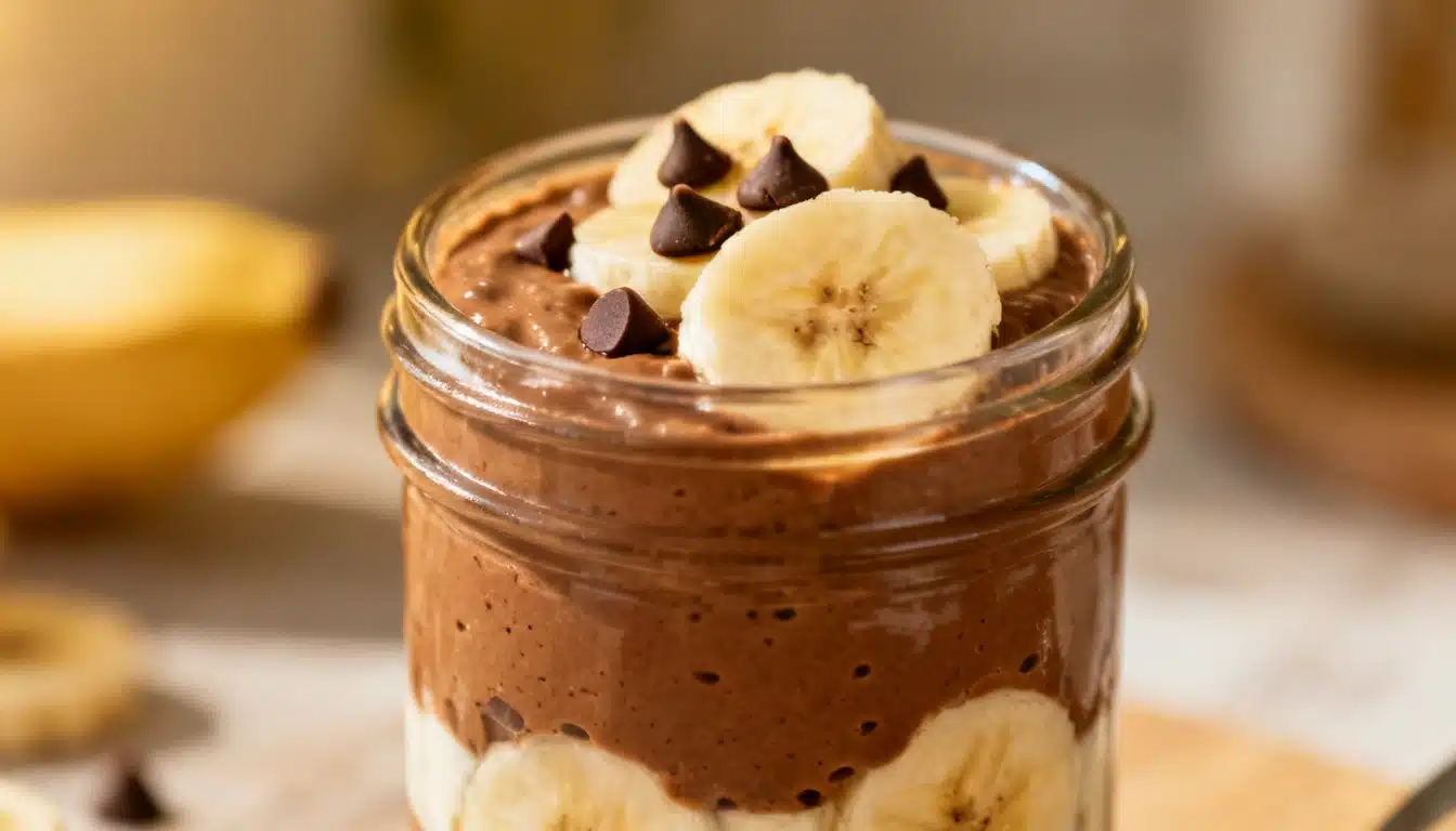 Chocolate banana pudding parfait layered in a glass jar with banana slices and chocolate chips.