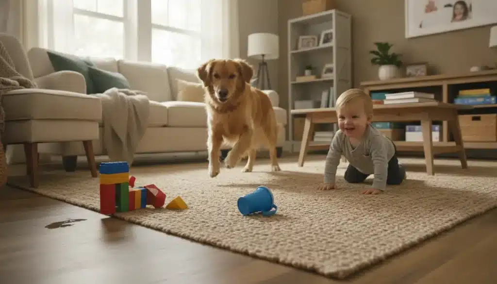 Golden retriever and toddler playing on beige carpet in cozy living room with toys scattered