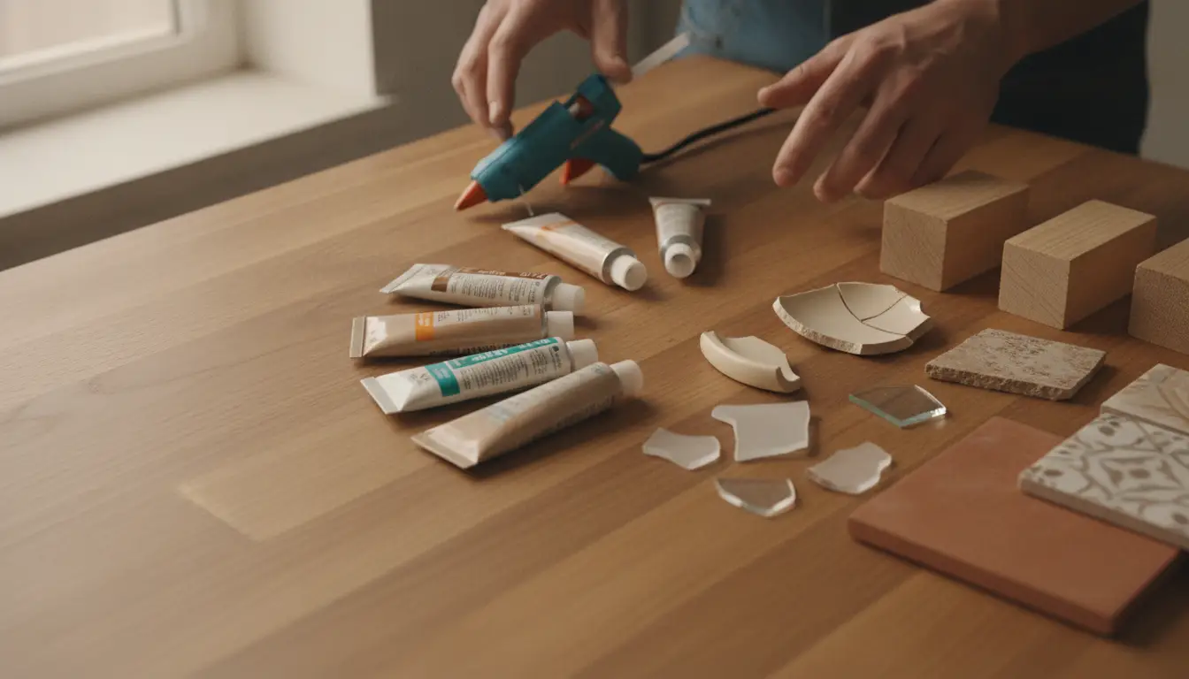 Hands arranging craft supplies and glue gun on wooden table with ceramic tiles and paint tubes