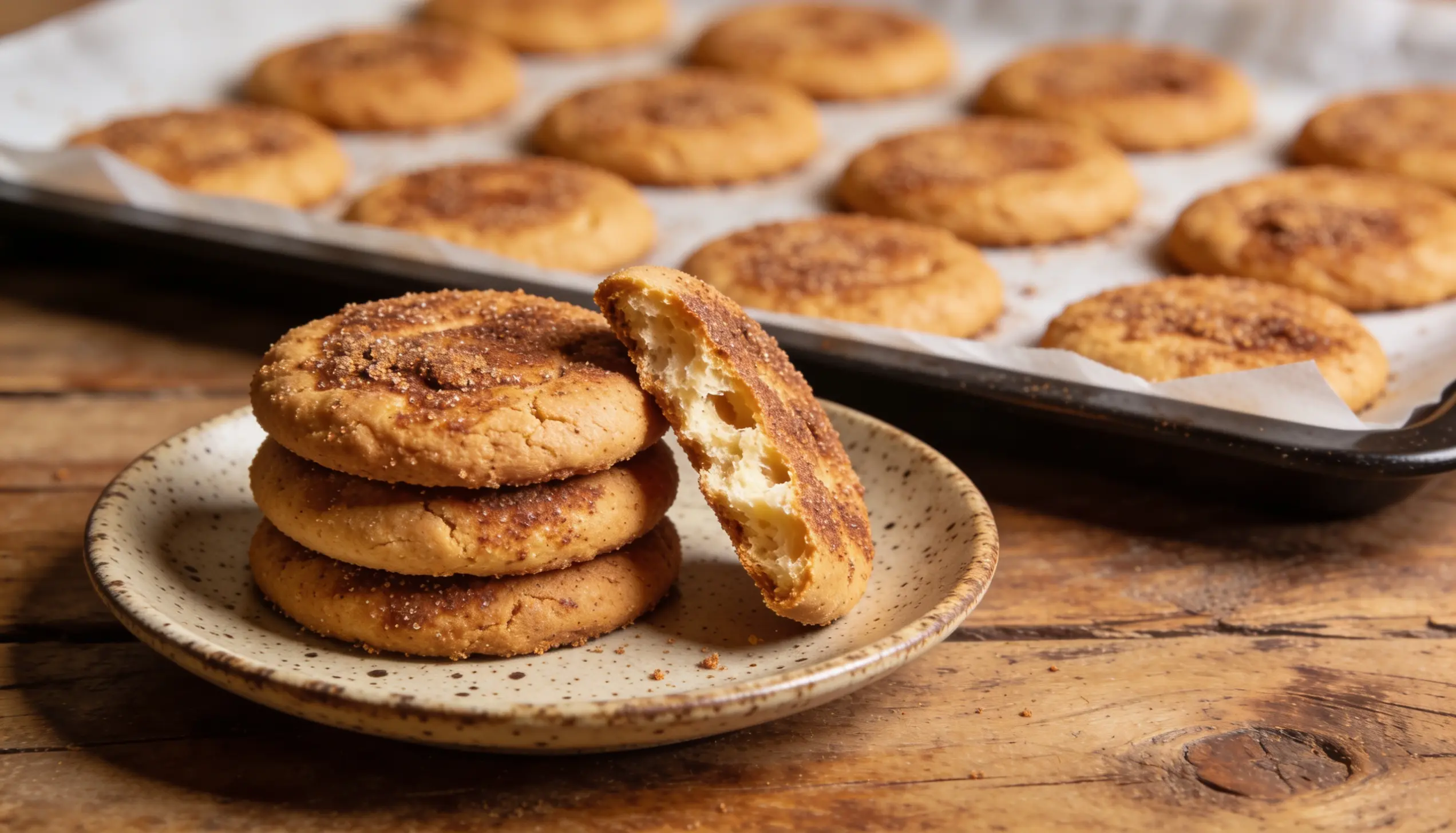 Stack of three cinnamon sugar cookies on a speckled plate with a baking sheet of cookies in the background.