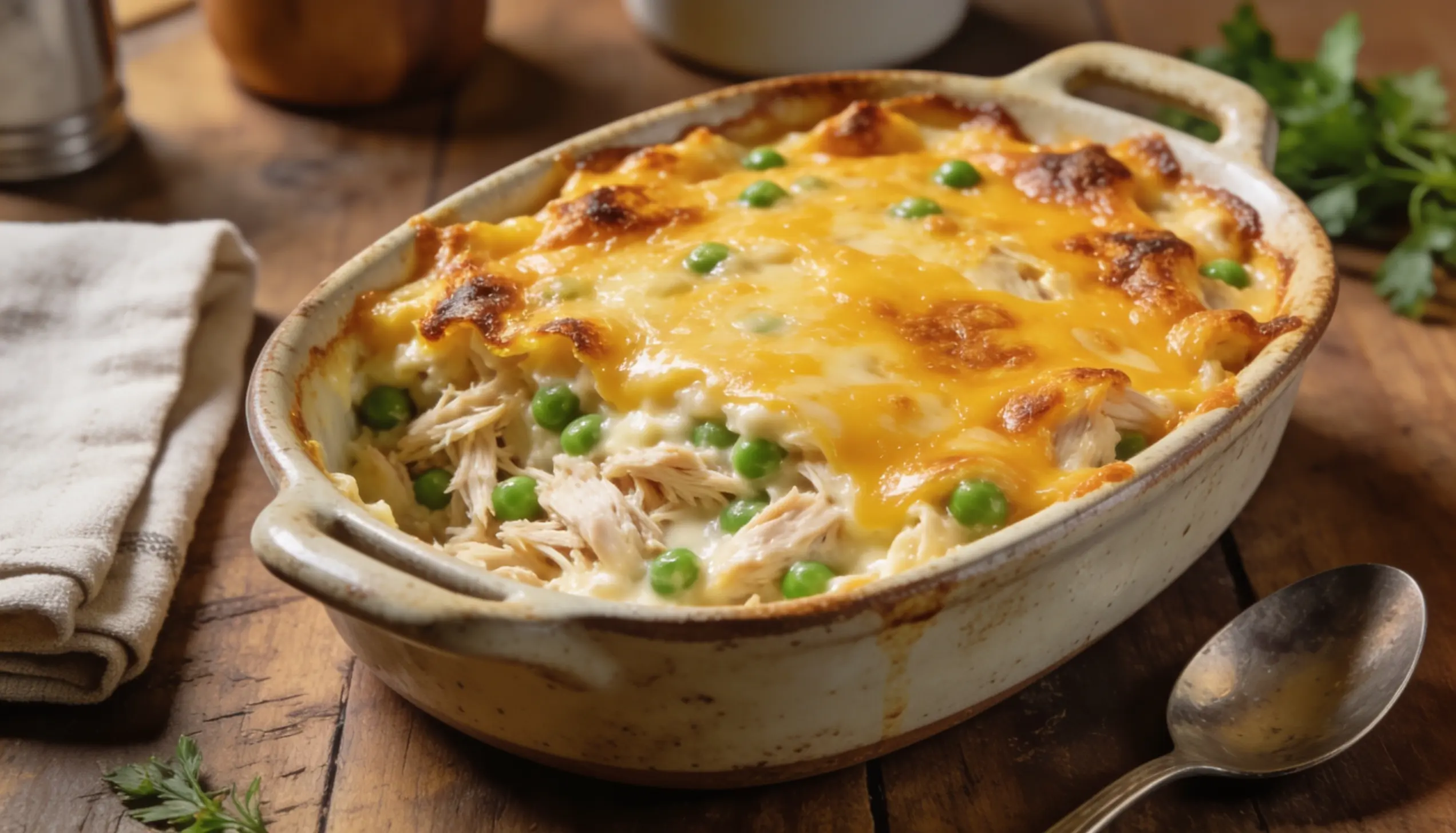 A classic chicken and pea casserole with melted cheddar cheese topping in a rustic baking dish.