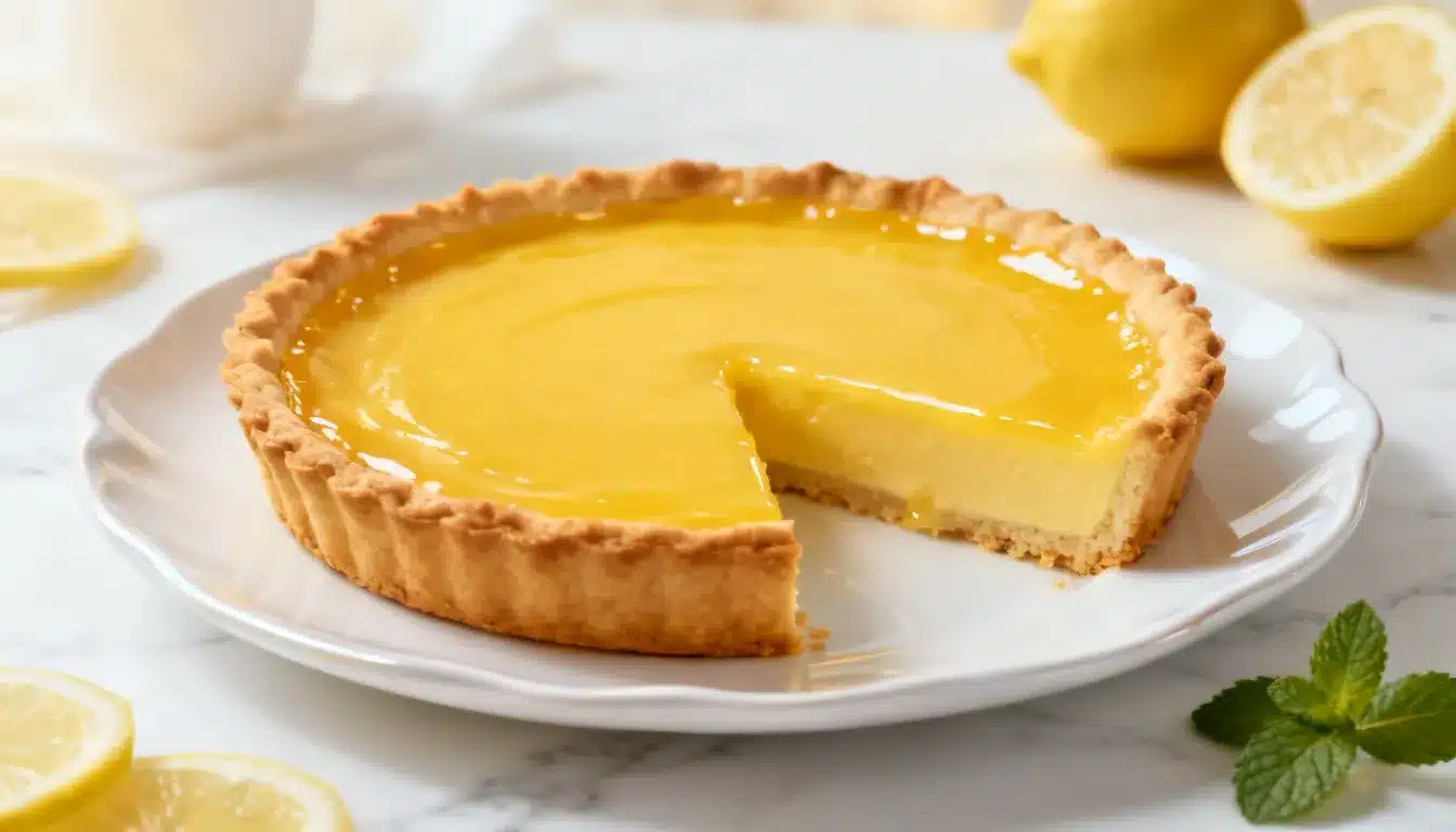 A white plate featuring a lemon tart adorned with slices of lemon for decoration.