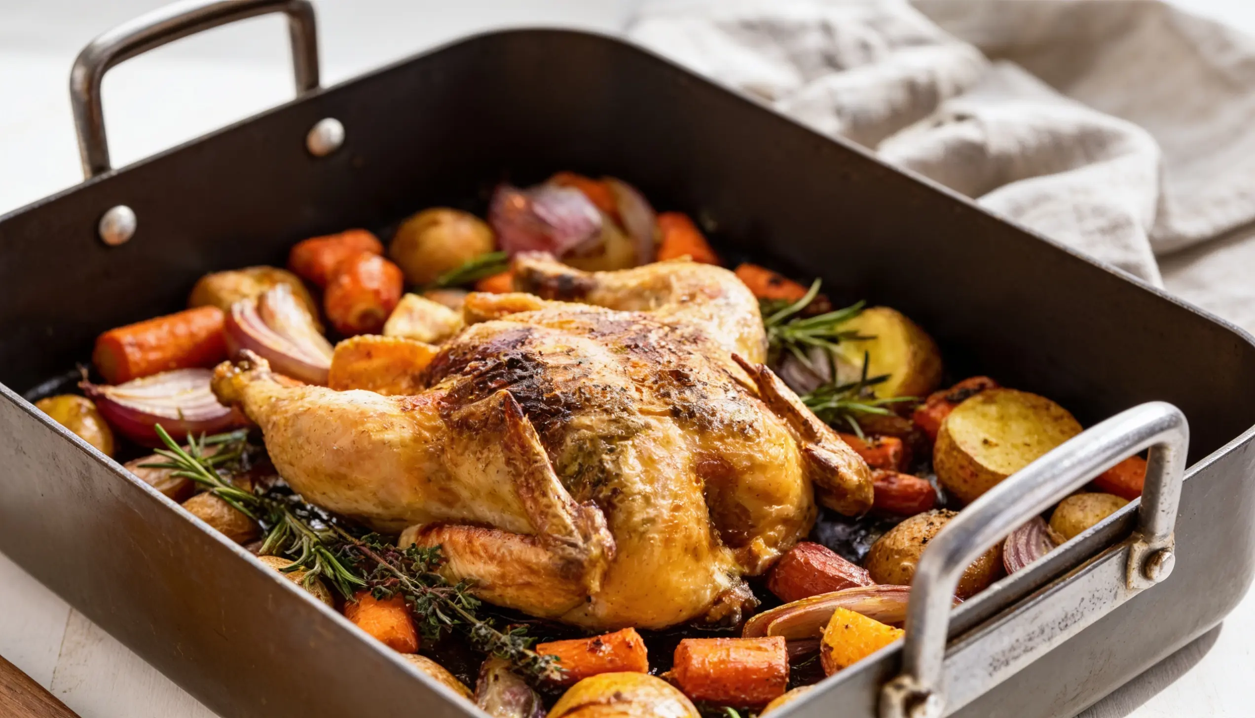 A pan on a table containing cooked chicken pieces and assorted colorful vegetables.