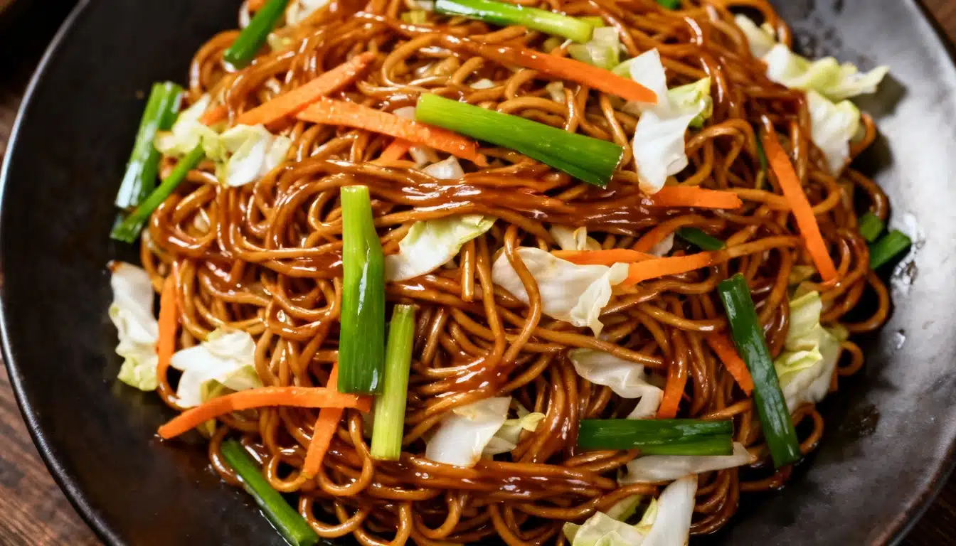 A bowl of soy sauce stir fry noodles topped with green onions.