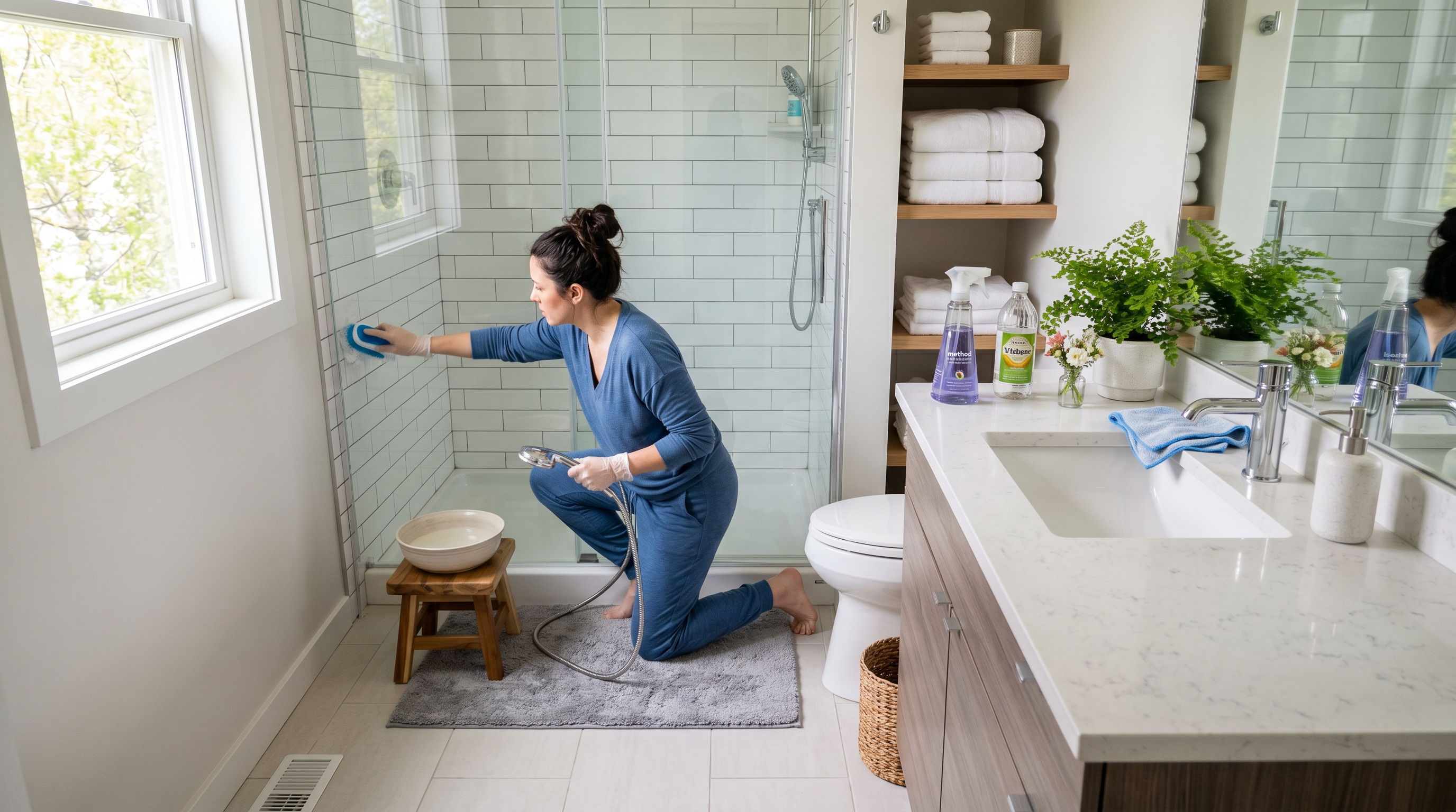 Person scrubbing white tile shower in bright bathroom with towels and plants neatly arranged.
