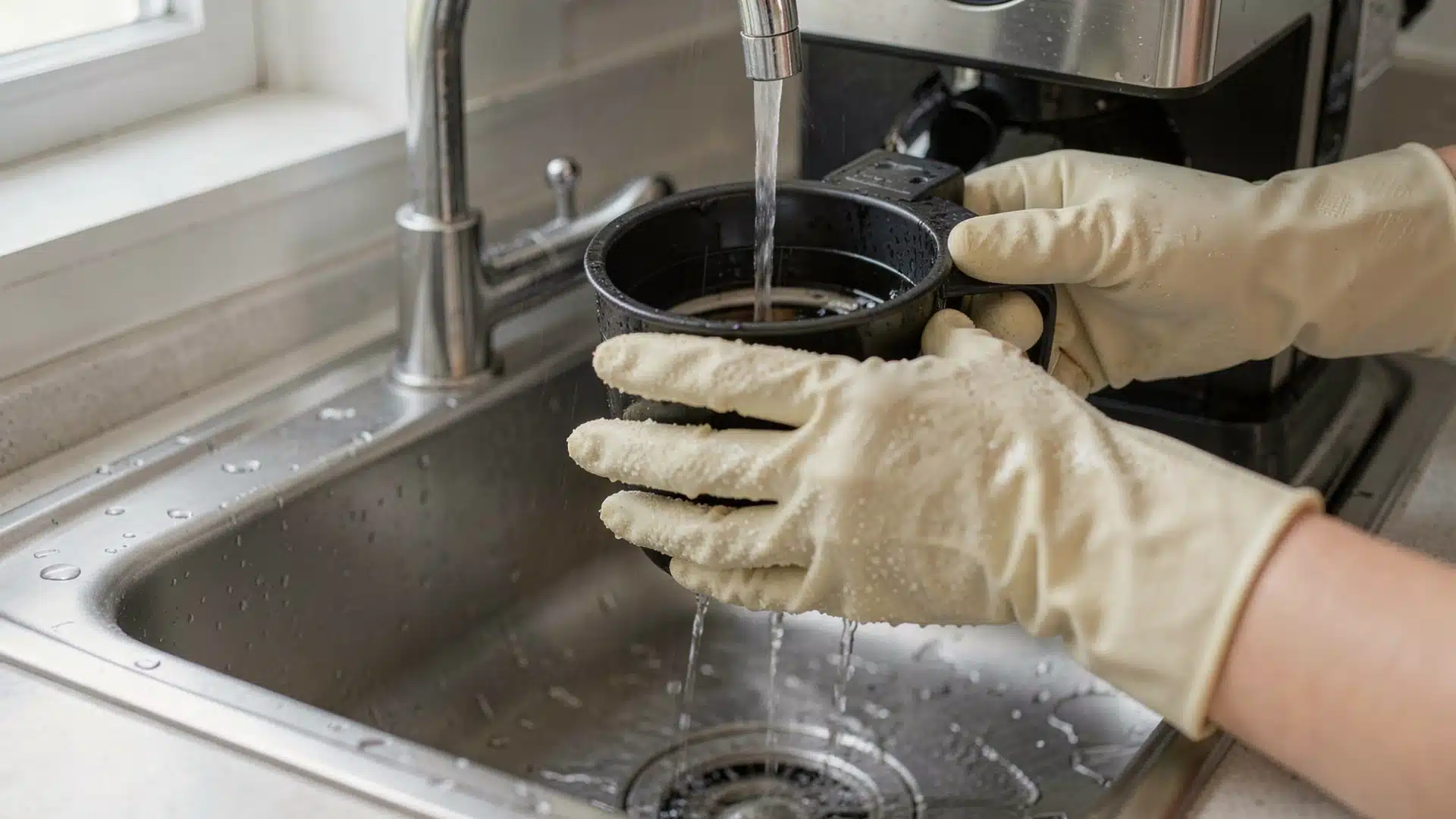 Hands in cream colored gloves rinse a black coffee pot under a running faucet in a stainless steel sink