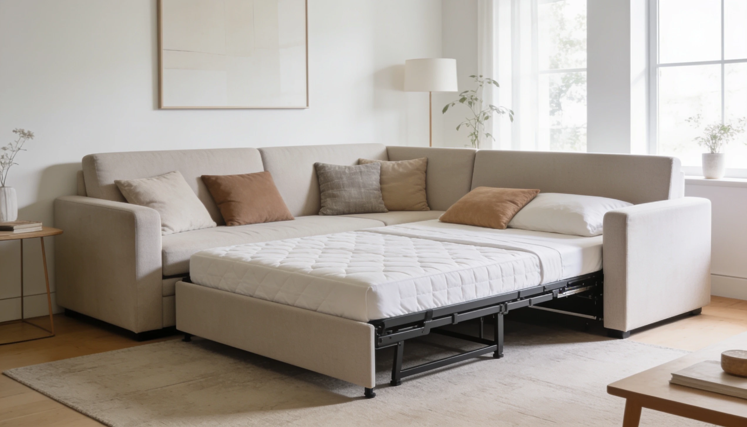 A sectional sofa is pulled out to reveal a mattress, demonstrating its function as a sofa bed.