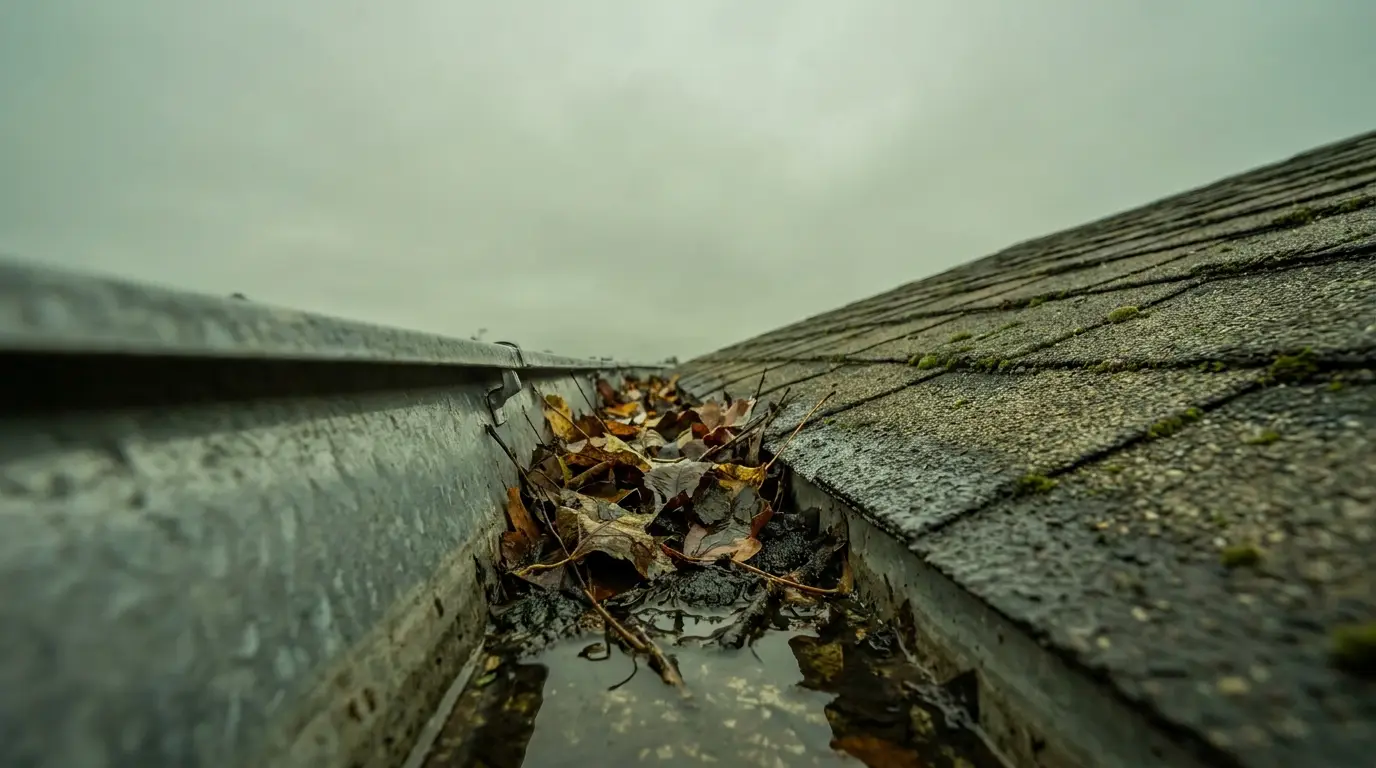 Clogged rain gutter filled with wet leaves on overcast day