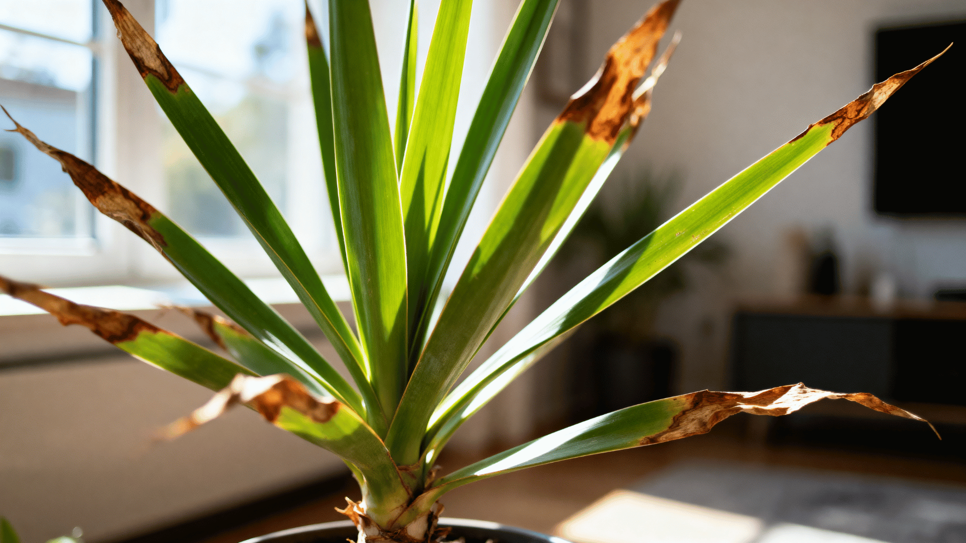 close up of a yucca plant with brown and dry leaf tips indoors.