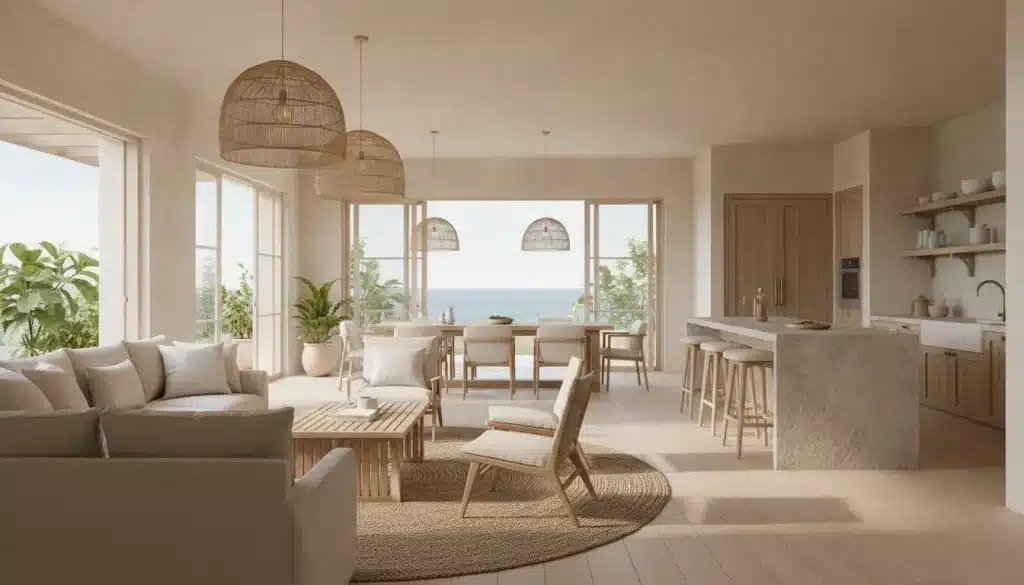 Open-concept living room and kitchen with natural light and ocean view through large windows