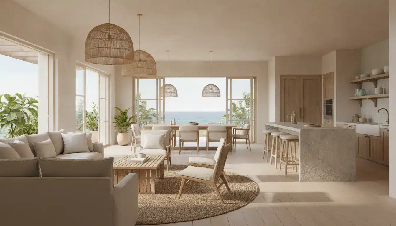 Open-concept living room and kitchen with natural light and ocean view through large windows