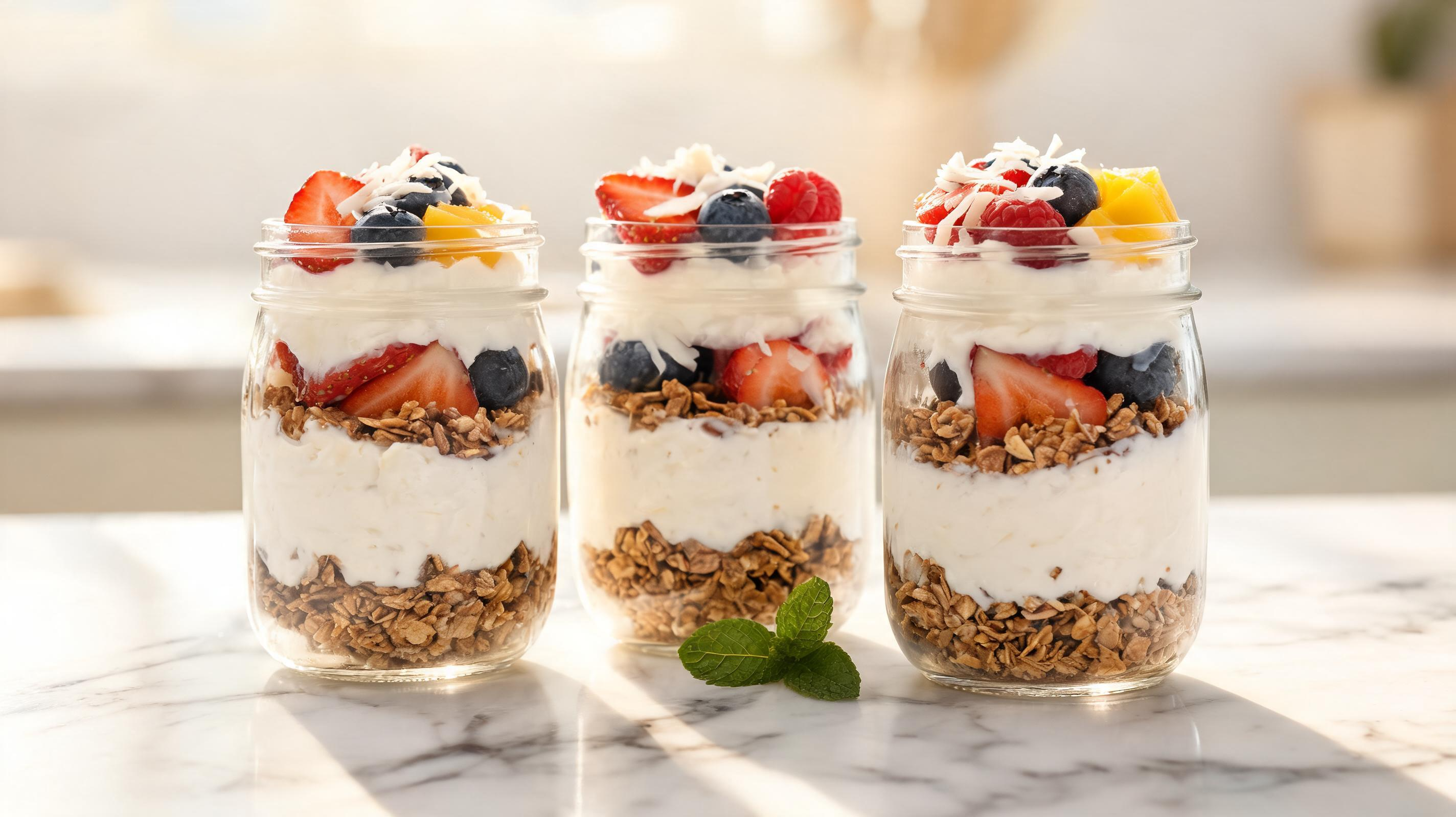 A layered coconut yogurt parfait with granola and fresh berries in a jar.