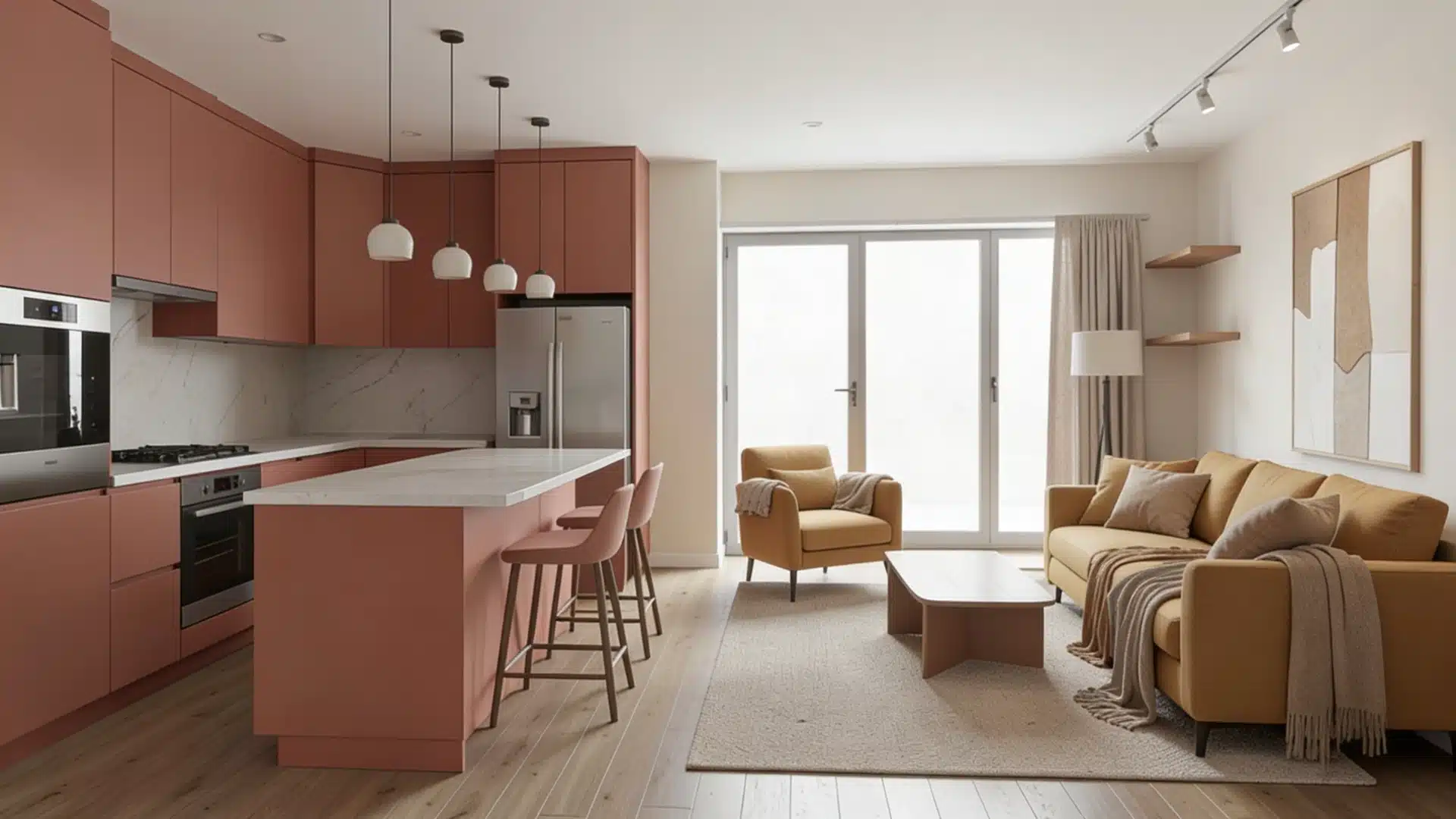 Open concept living space featuring dusty rose kitchen and an adjacent living area with mustard yellow furniture