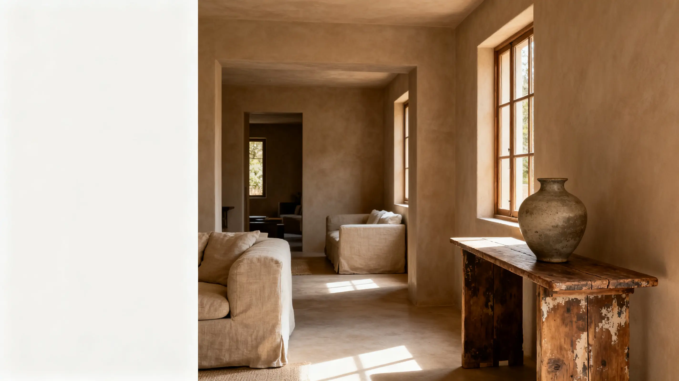 Cozy minimalist living room with beige sofa and rustic wooden table under warm natural light