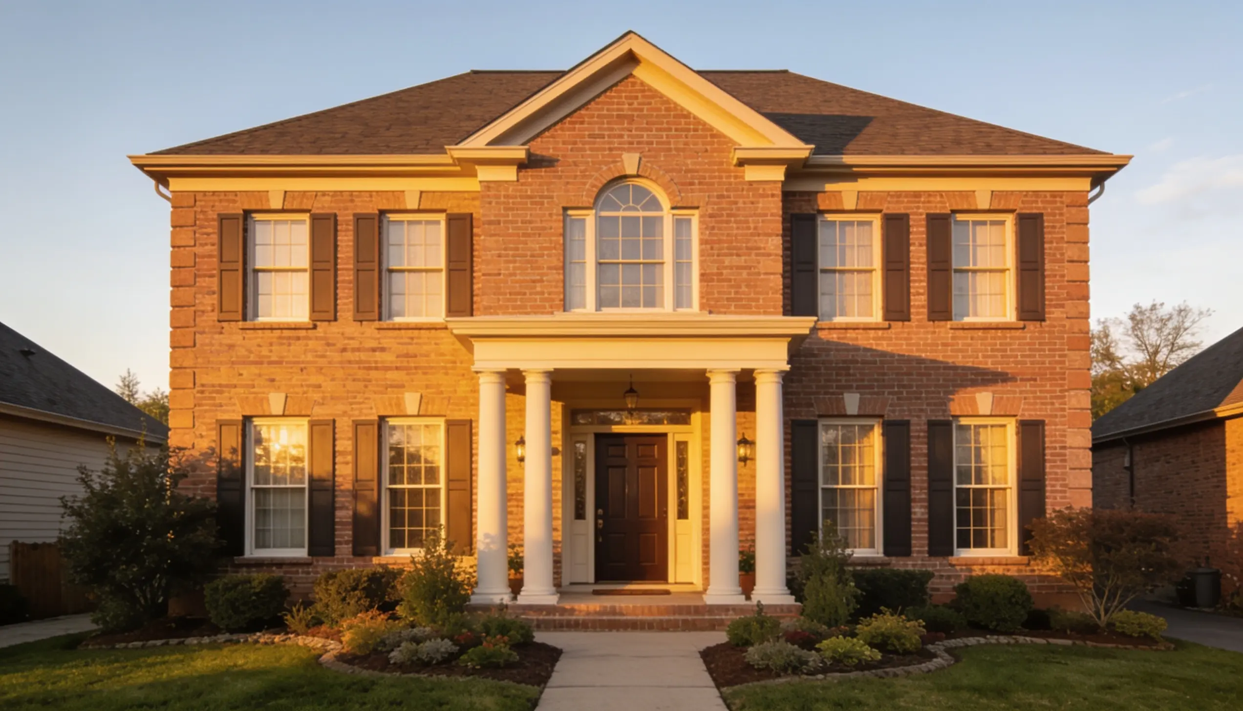 A two-story brick house with a covered porch, white columns, and dark shutters, bathed in the warm light of sunset.