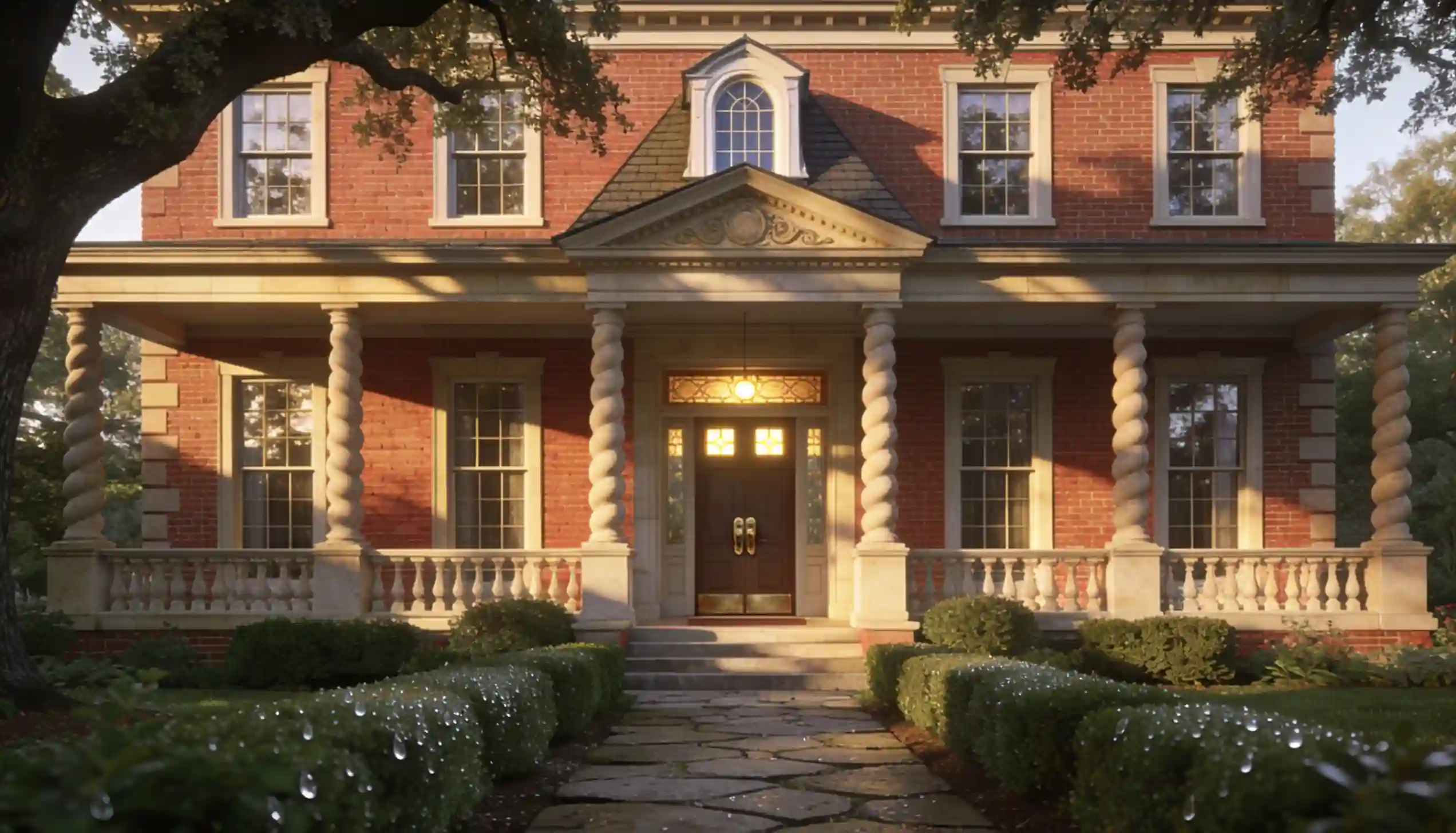 Red brick house with ornate twisted columns supporting a porch, leading to a double wooden door with a stained glass transom.