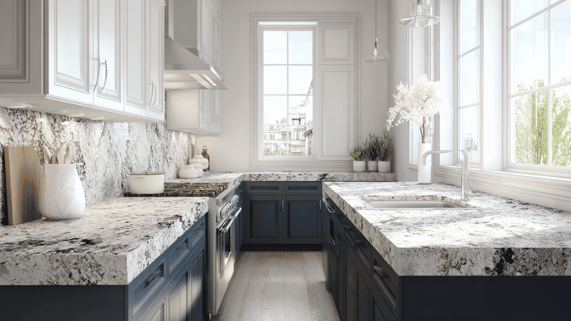 Colonial White granite countertop showing a creamy white background with soft gray clouds and dark brown mineral specks.