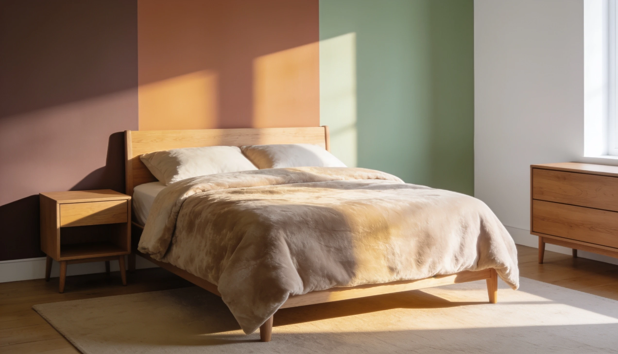 Wooden bed with plush tan bedding in a room with a multi-colored wall and natural light.