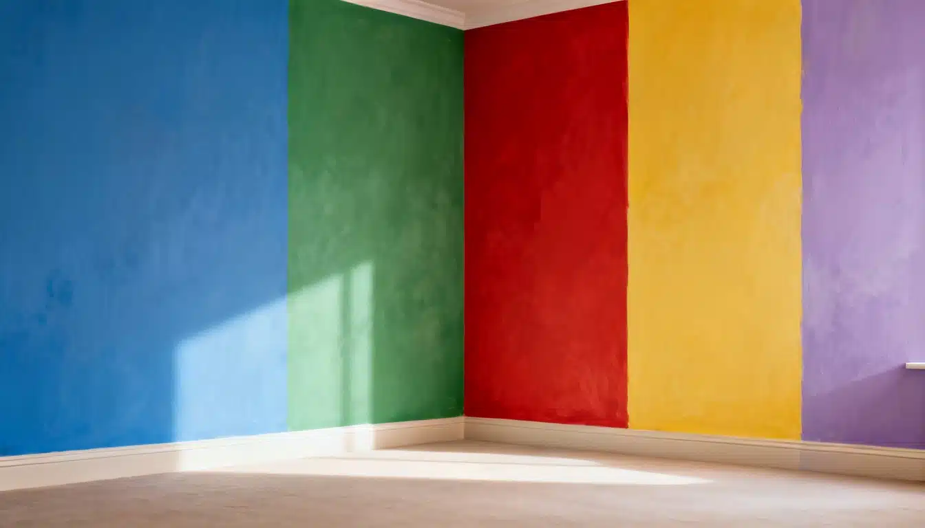 A wall painted in blue, green, red, yellow, and lavender, showing that distinct role of each color..