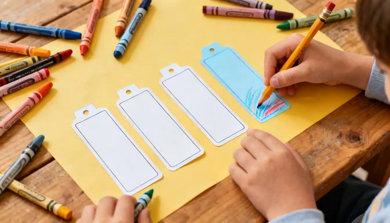 Child's hands coloring a bookmark with crayons on yellow paper surrounded by art supplies.