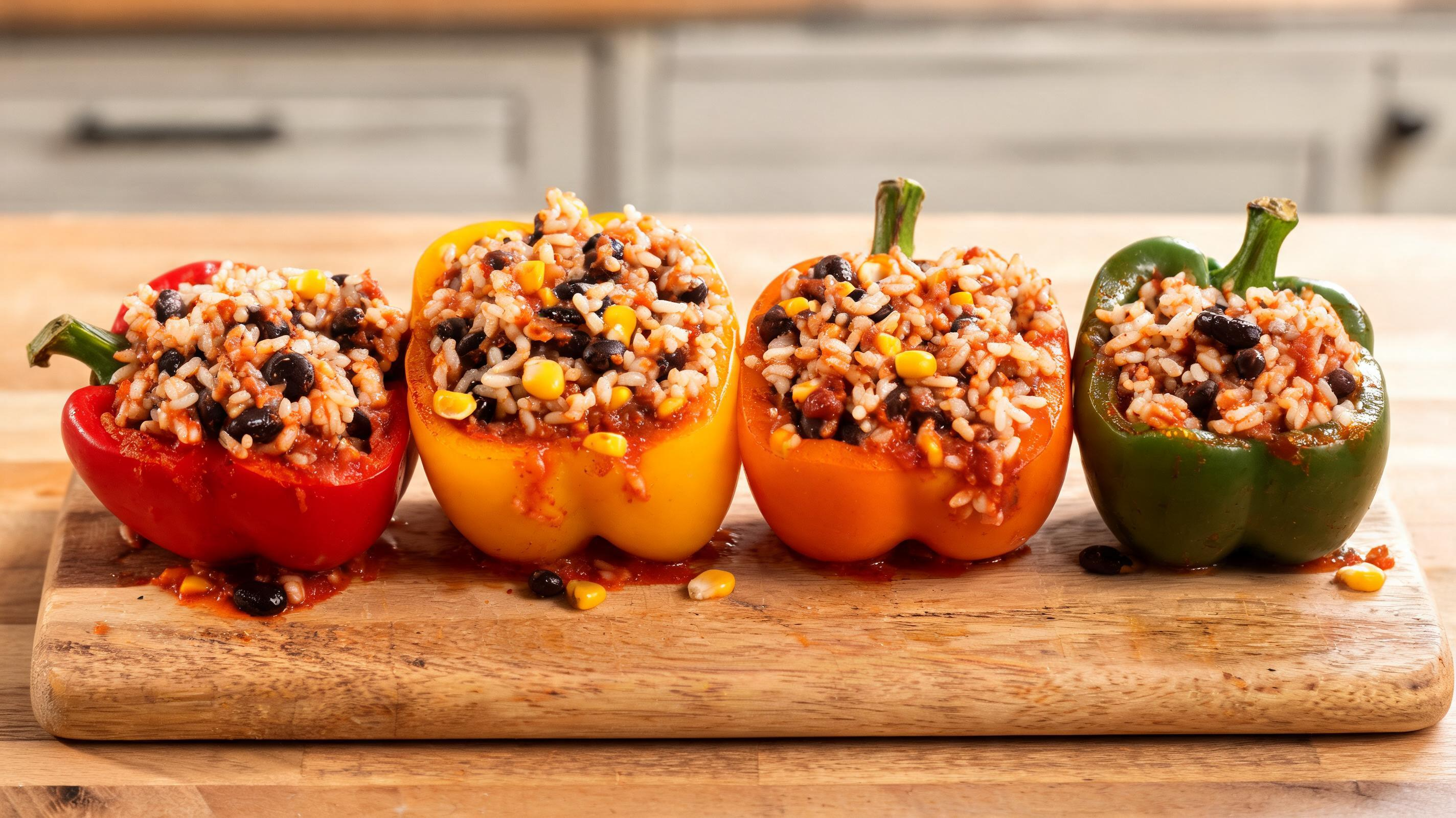 Baked bell peppers stuffed with a savory mixture of rice, beans, and corn.