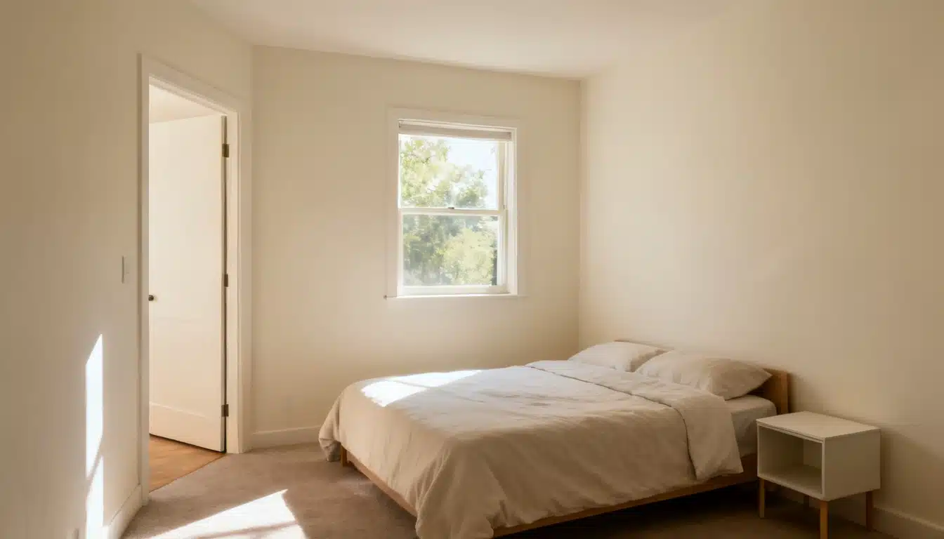 Minimalist bedroom with a bed, nightstand, window, and open door.