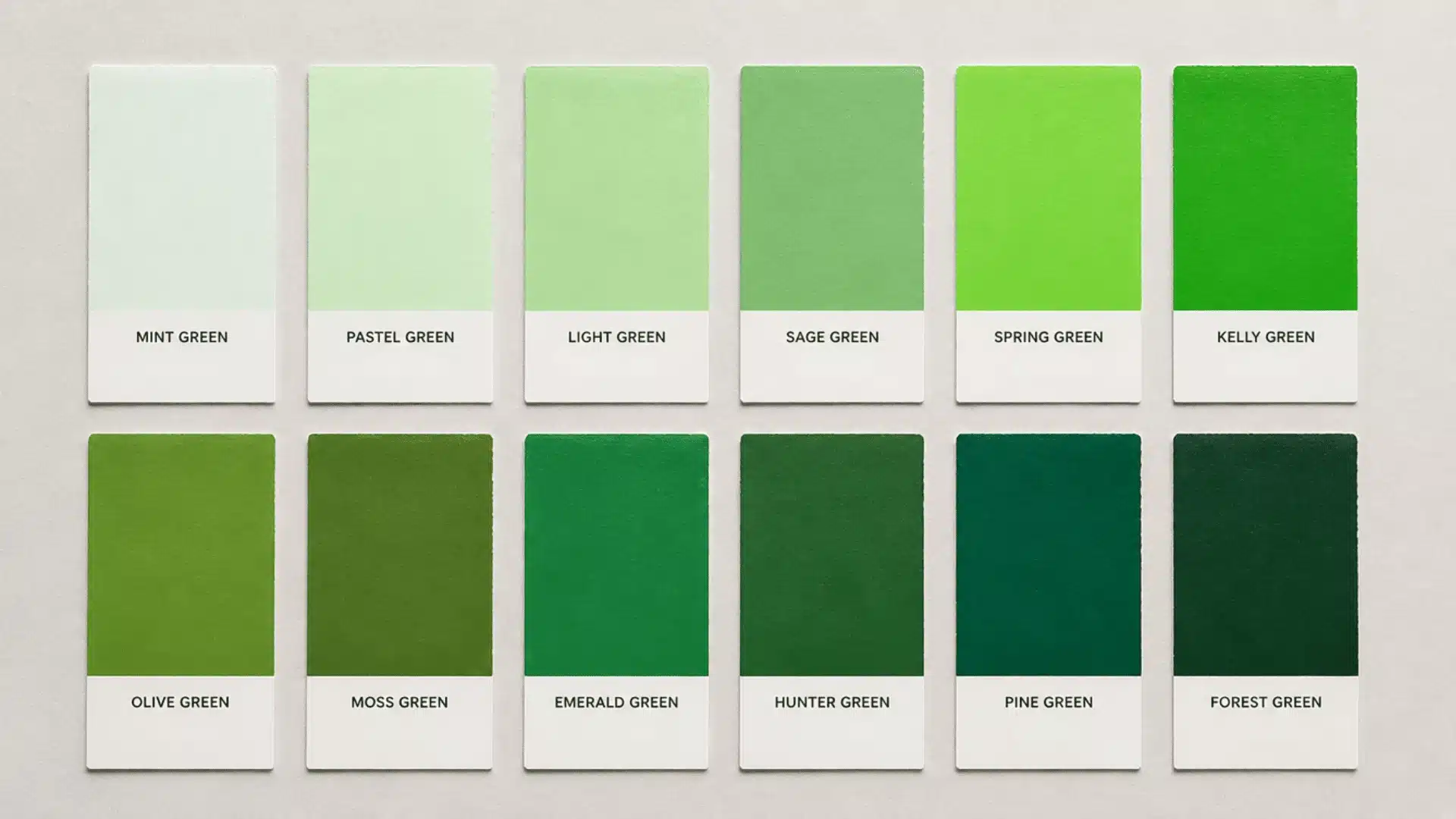 Green Pantone color swatches arranged in a palette, showcasing various shades of green for design reference