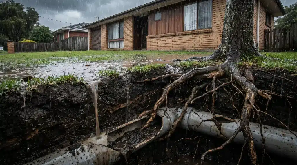 Exposed tree roots with damaged underground pipe during heavy rain near brick house