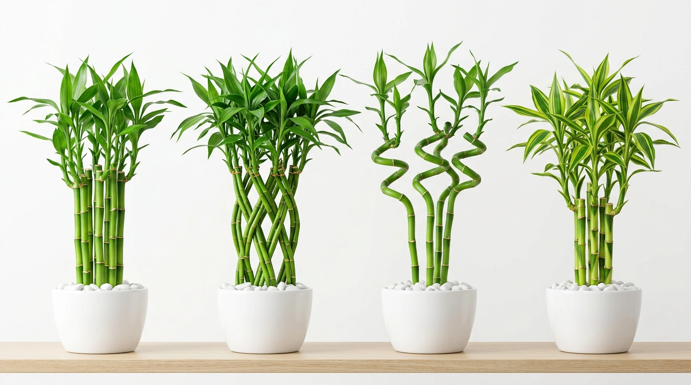 Four potted lucky bamboo plants of various styles displayed on a wooden shelf against a white background.