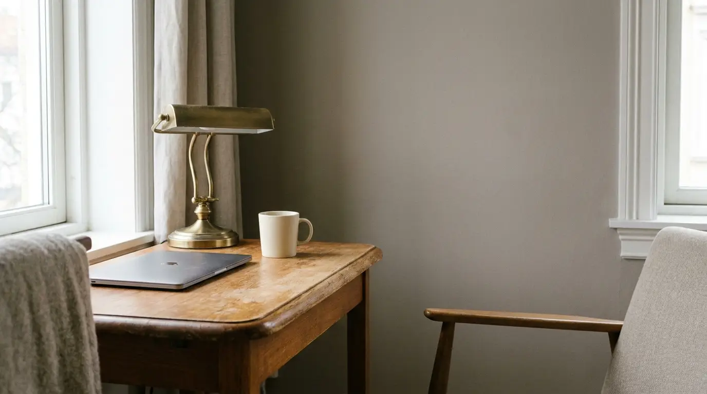 Cozy home office setup with laptop and coffee mug on wooden desk near window