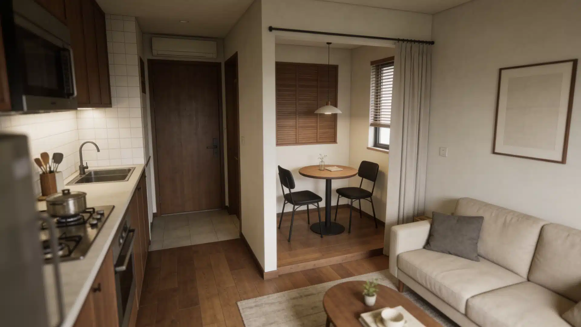 An apartment interior with calm tones. A compact kitchen leads to a small dining area with a round table and chairs