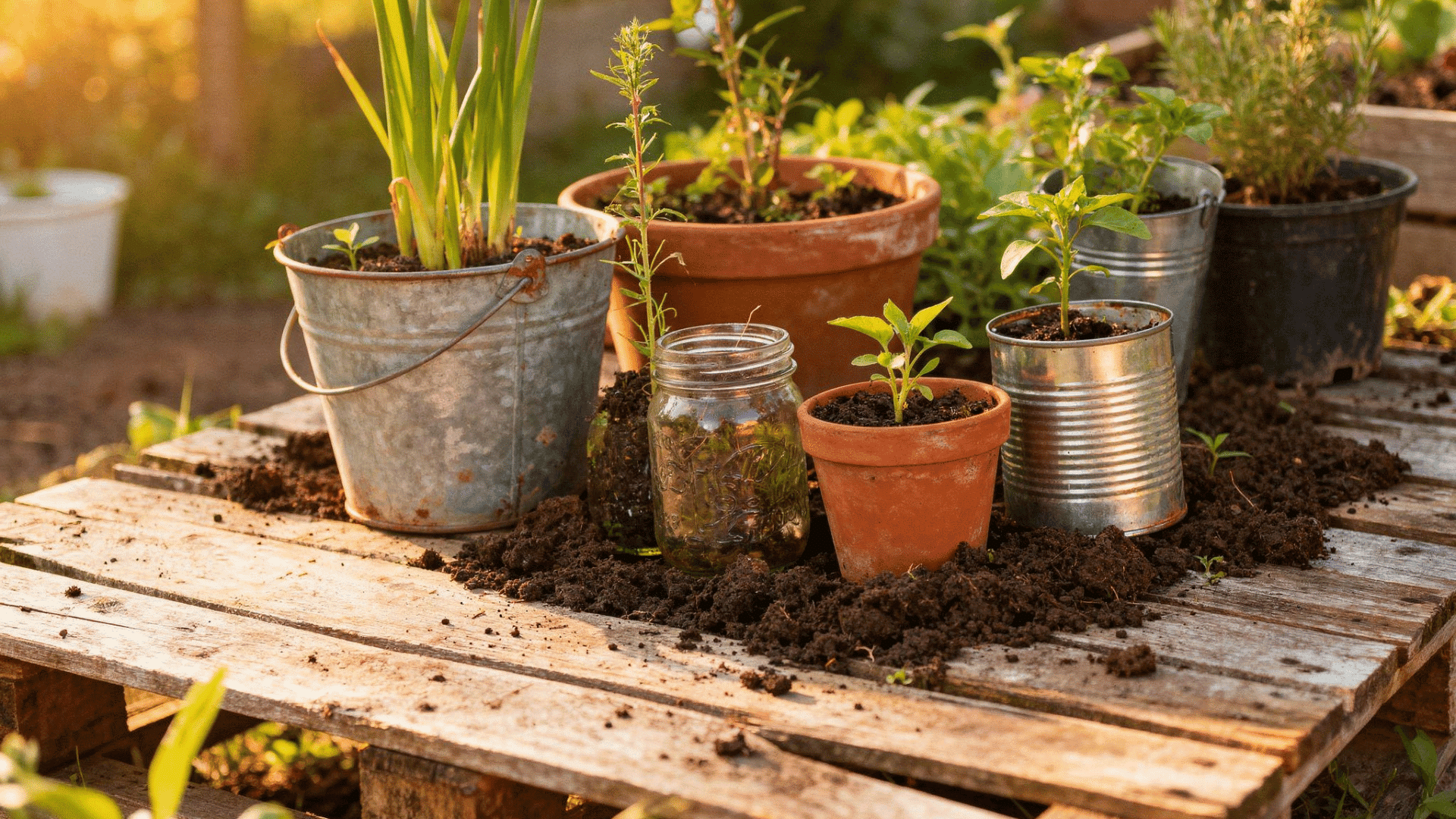 a beginner-friendly container garden with plants growing in different pots and buckets placed in a small outdoor space with natural sunlight