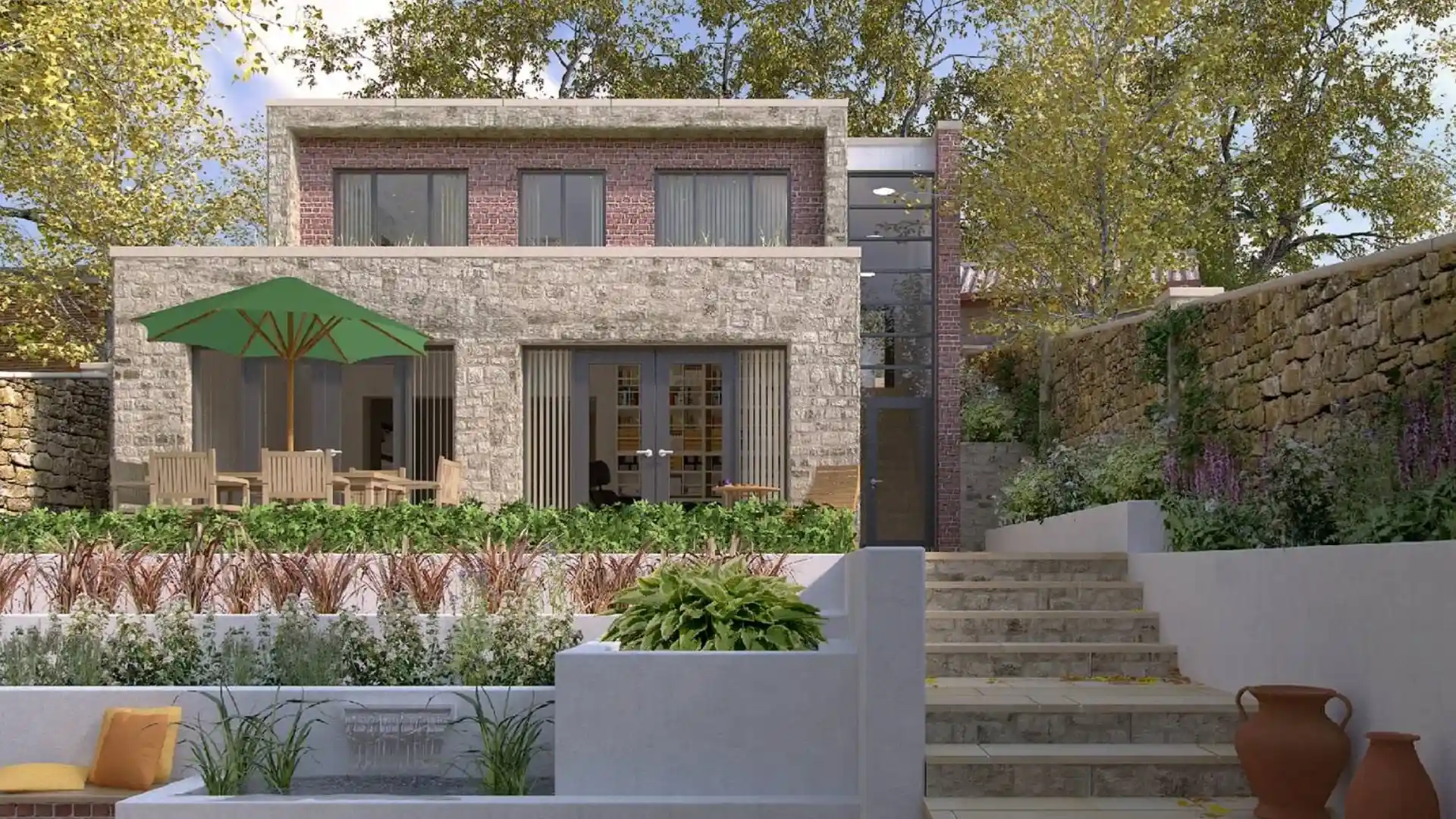 Contemporary eco home with stone and brick facade, glass elevator shaft, and tiered garden with outdoor seating.